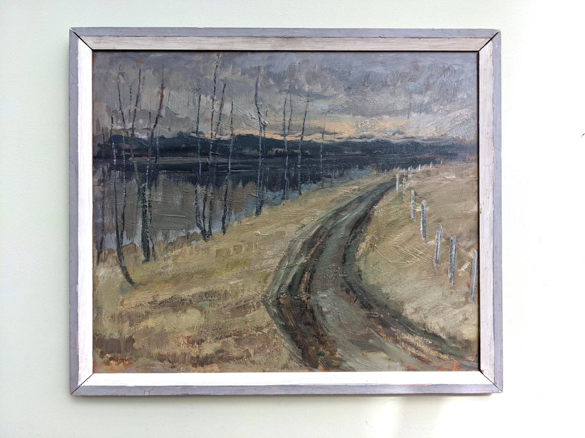 Pintura al óleo de paisajes expresionistas suecos con marco vintage - River Road - Painting de Unknown
