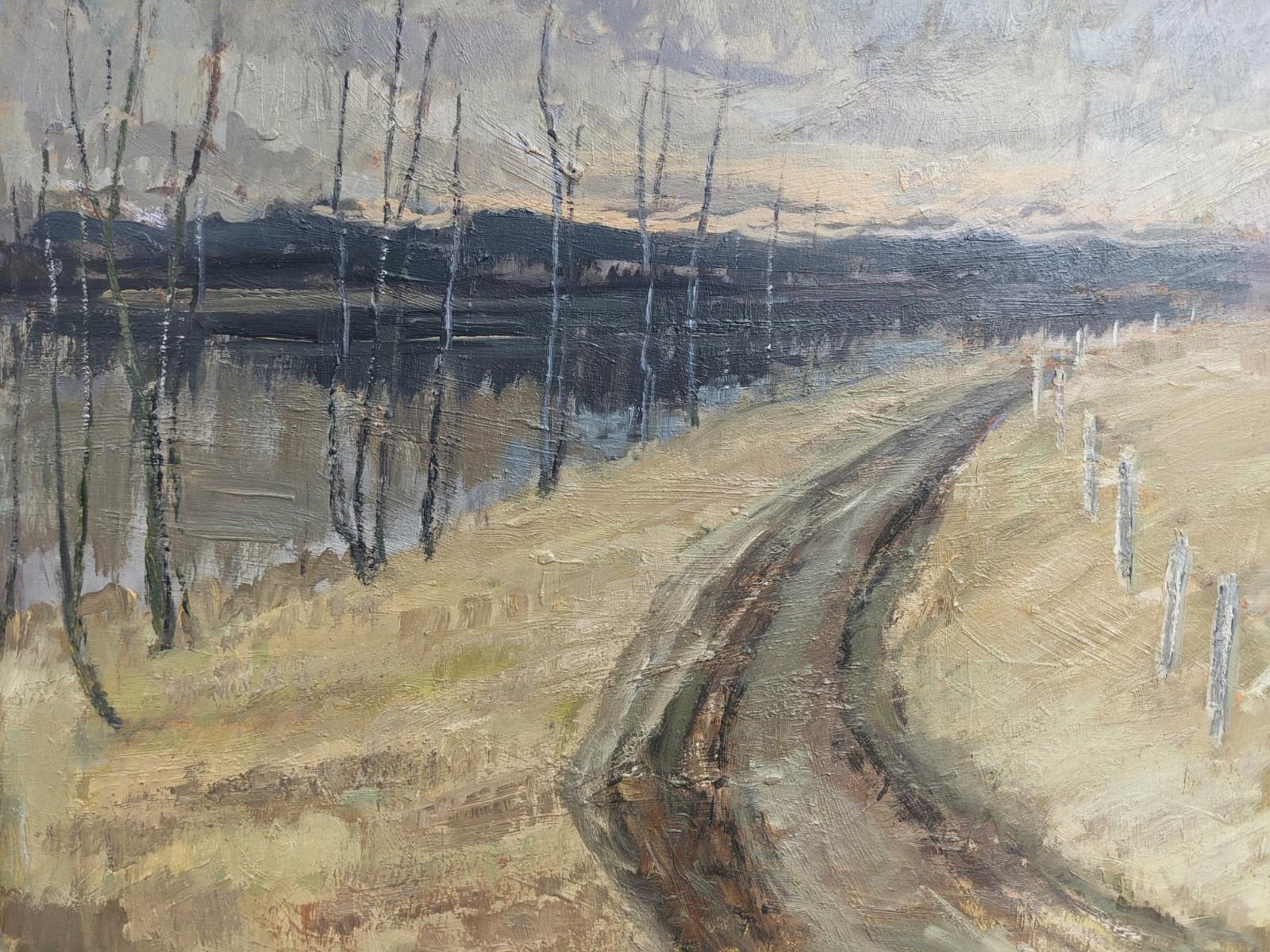 Pintura al óleo de paisajes expresionistas suecos con marco vintage - River Road - Painting Expresionista de Unknown