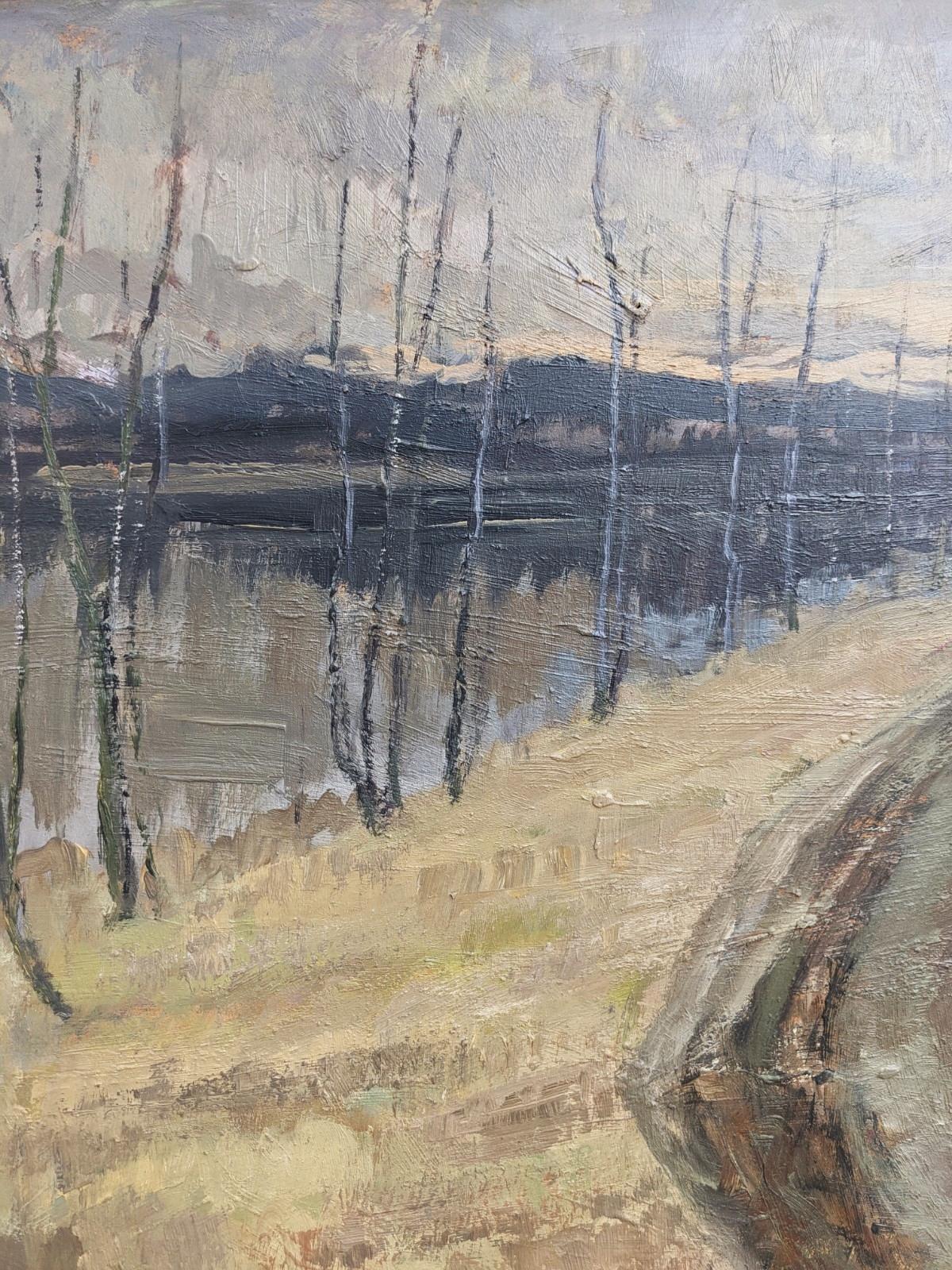 Pintura al óleo de paisajes expresionistas suecos con marco vintage - River Road - Landscape Painting Gris de Unknown
