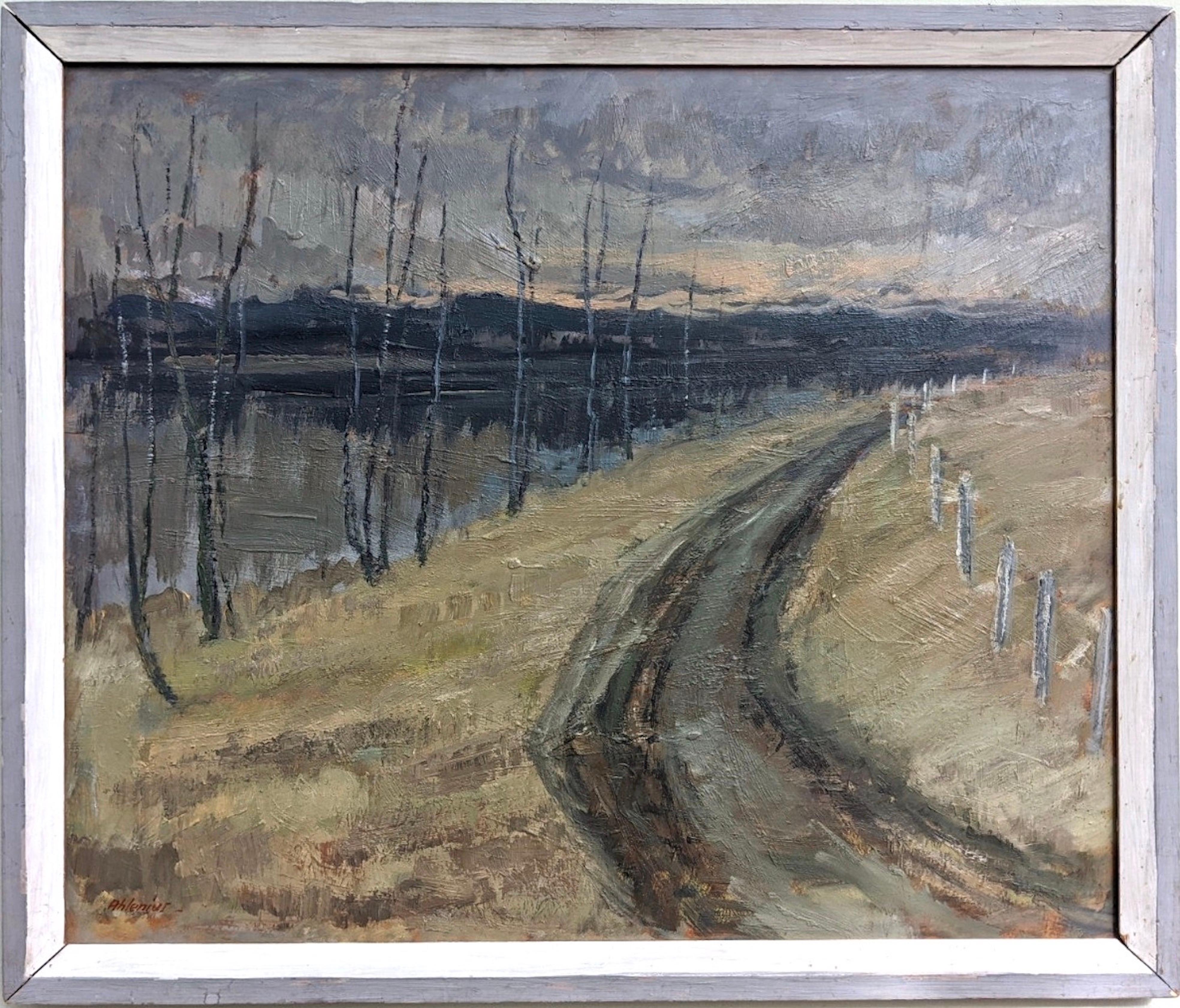 Landscape Painting de Unknown - Pintura al óleo de paisajes expresionistas suecos con marco vintage - River Road
