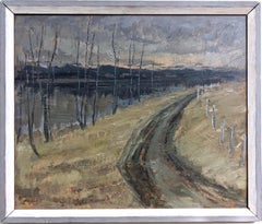 Peinture à l'huile suédoise expressionniste d'un paysage vintage encadrée - River Road