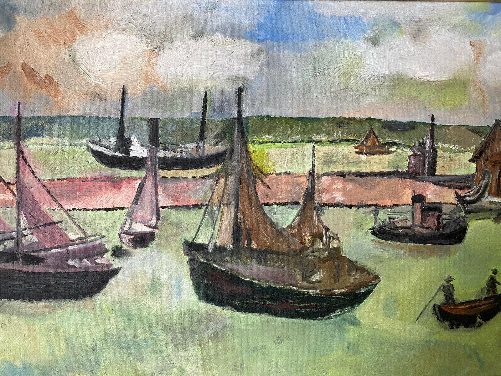 VINTAGE FRENCH 1970'S OIL - FISHING BOATS IN OLD HARBOUR - BLUE/GREEN COLOURS - Painting by Unknown