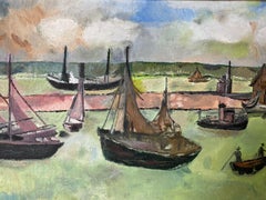 VINTAGE FRENCH 1970'S OIL - FISHING BOATS IN OLD HARBOUR - BLUE/GREEN COLOURS