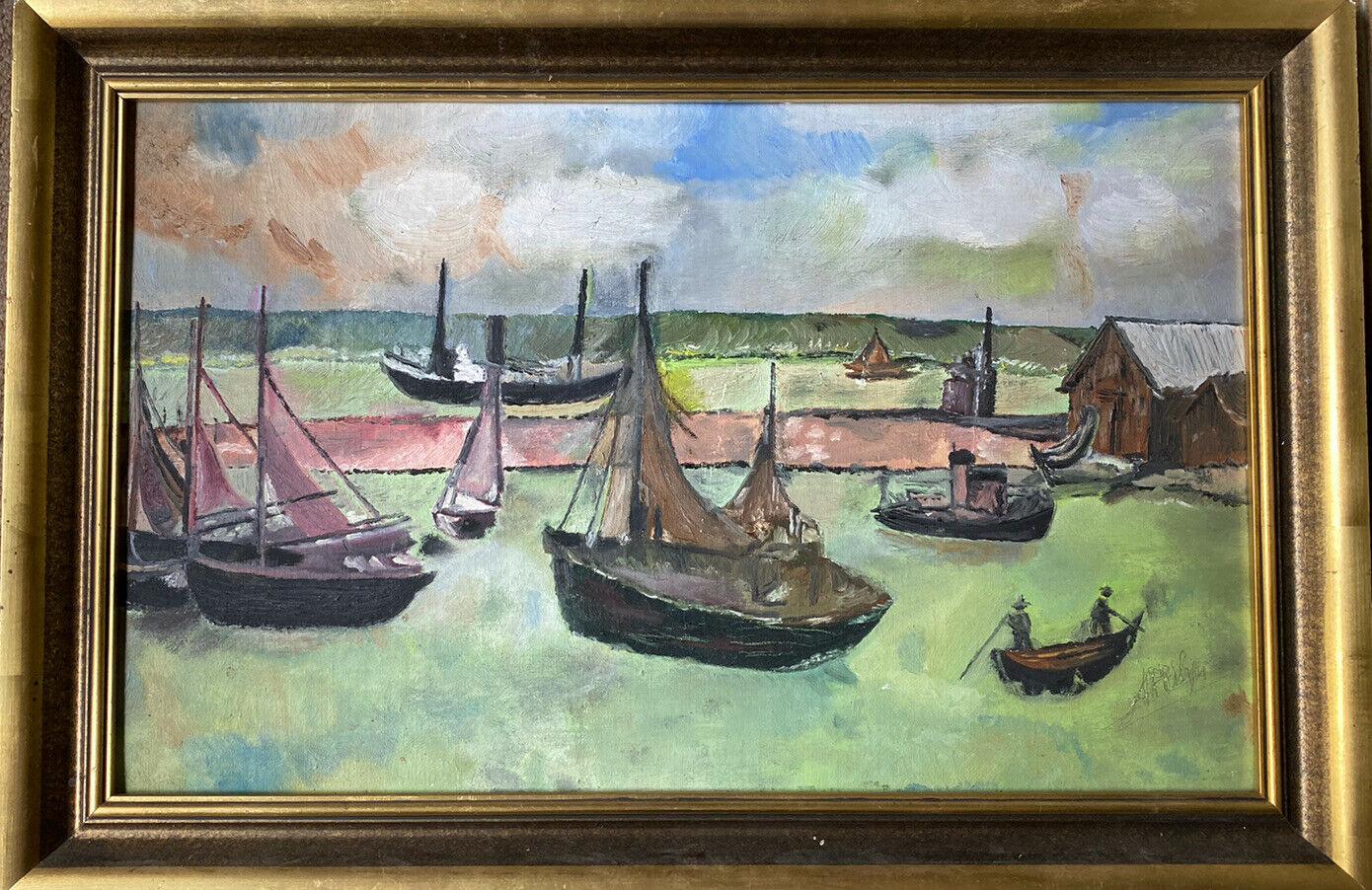 VINTAGE FRENCH 1970er Jahre OIL - FISHING BOATS IN OLD HARBOUR - BLUE/GREEN COLOURS (Impressionismus), Painting, von Unknown