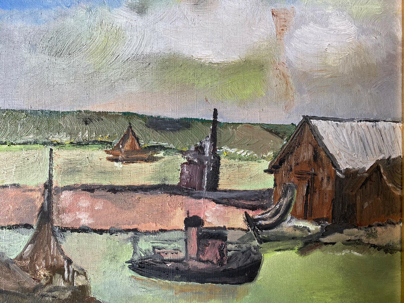 Künstler/Schule: Französische Schule, ca. 1970er Jahre, undeutlich signiert

Titel: Der Alte Hafen

Medium: Öl auf Leinwand, gerahmt

Größe: Leinwand: 14,75 x 23 Zoll, inklusive Rahmen: 18,5 x 27,5 Zoll

Provenienz: Sammlung in Frankreich

Zustand: