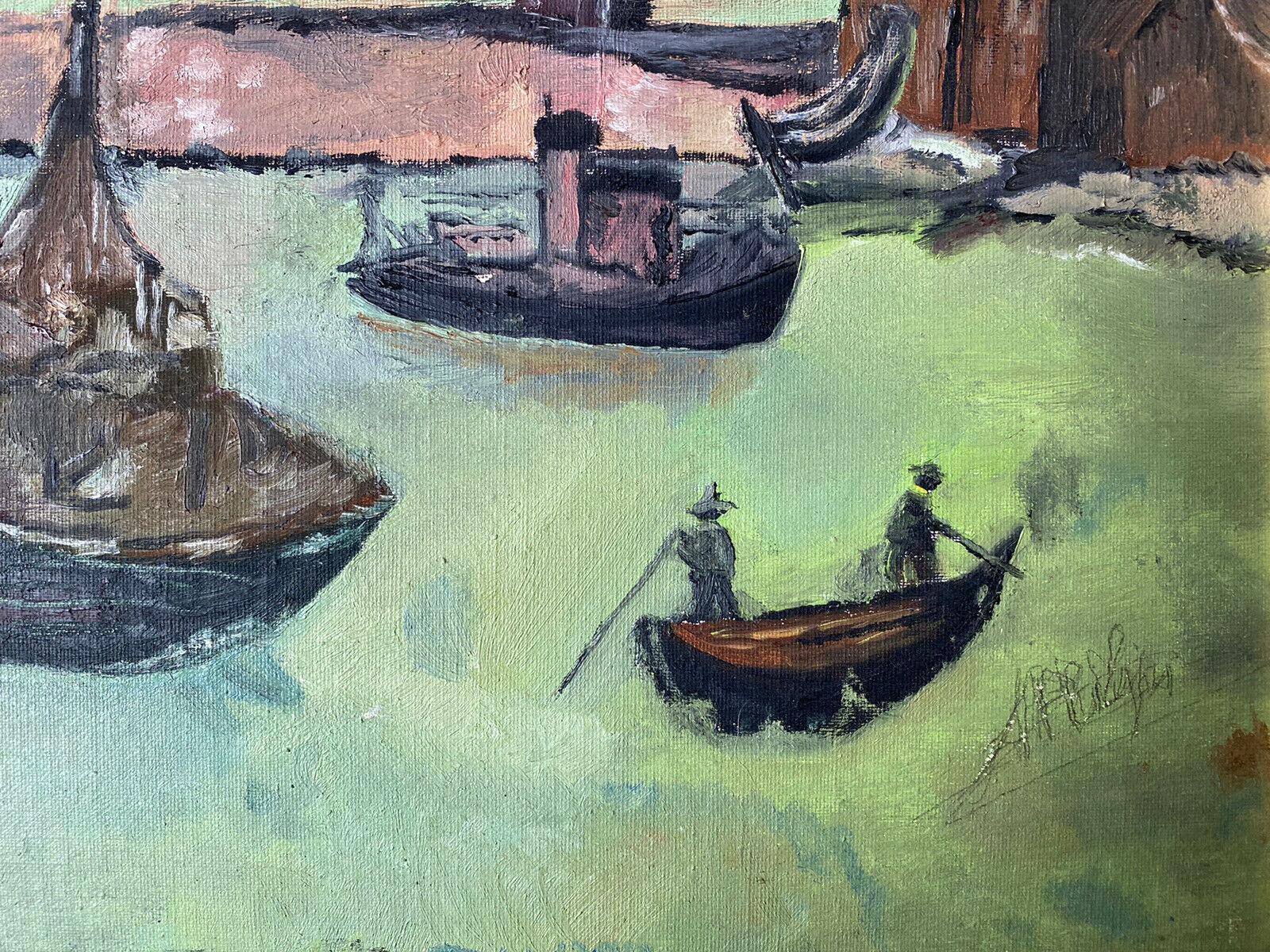 VINTAGE FRENCH 1970'S OIL - FISHING BOATS IN OLD HARBOUR - BLUE/GREEN COLOURS - Impressionist Painting by Unknown