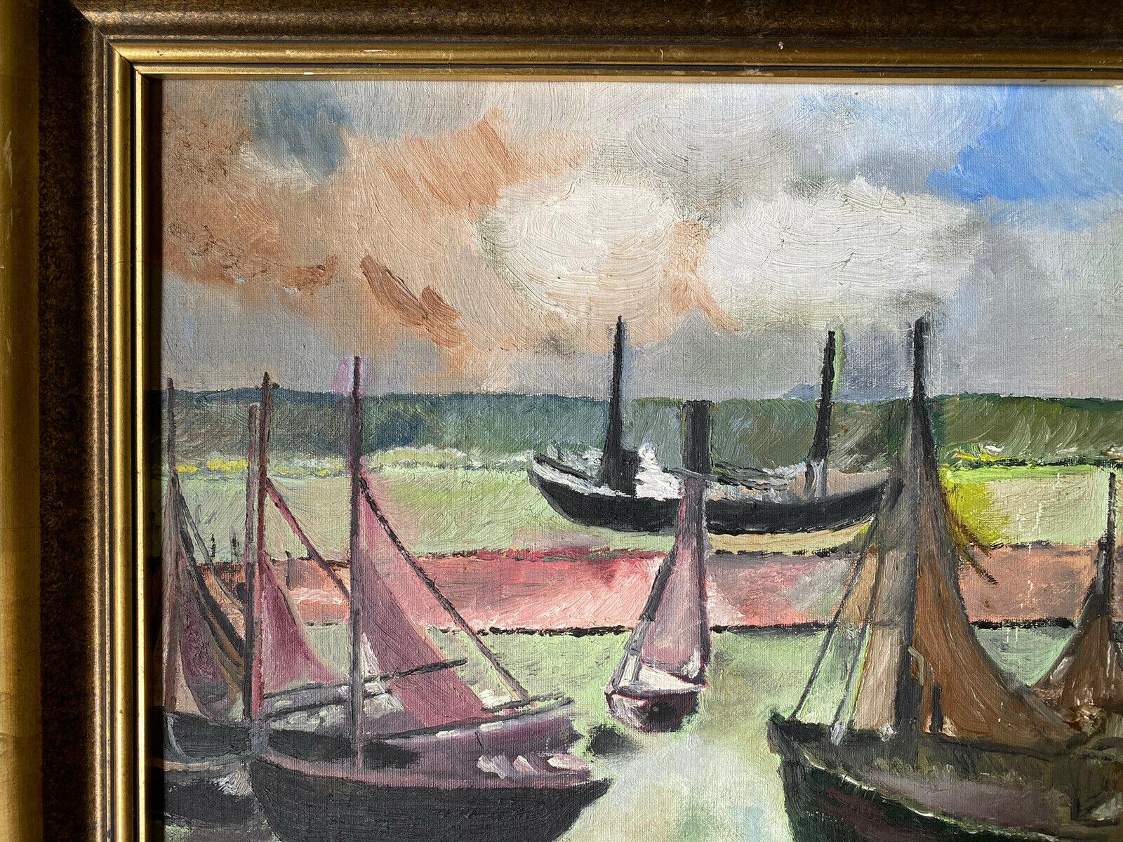 VINTAGE FRENCH 1970'S OIL - FISHING BOATS IN OLD HARBOUR - BLUE/GREEN COLOURS - Brown Figurative Painting by Unknown