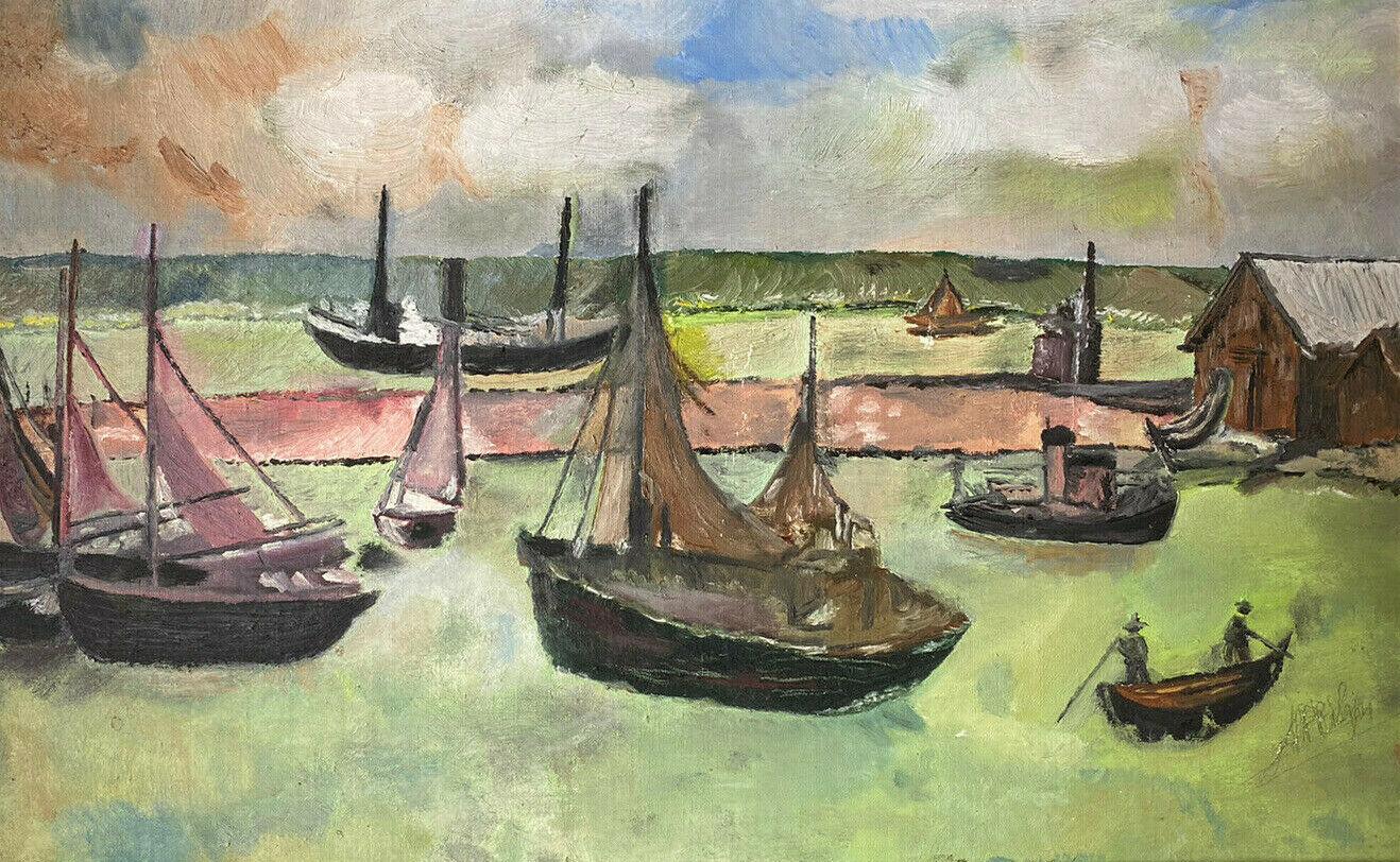 Unknown Figurative Painting - VINTAGE FRENCH 1970'S OIL - FISHING BOATS IN OLD HARBOUR - BLUE/GREEN COLOURS