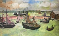 Retro FRENCH 1970'S OIL - FISHING BOATS IN OLD HARBOUR - BLUE/GREEN COLOURS