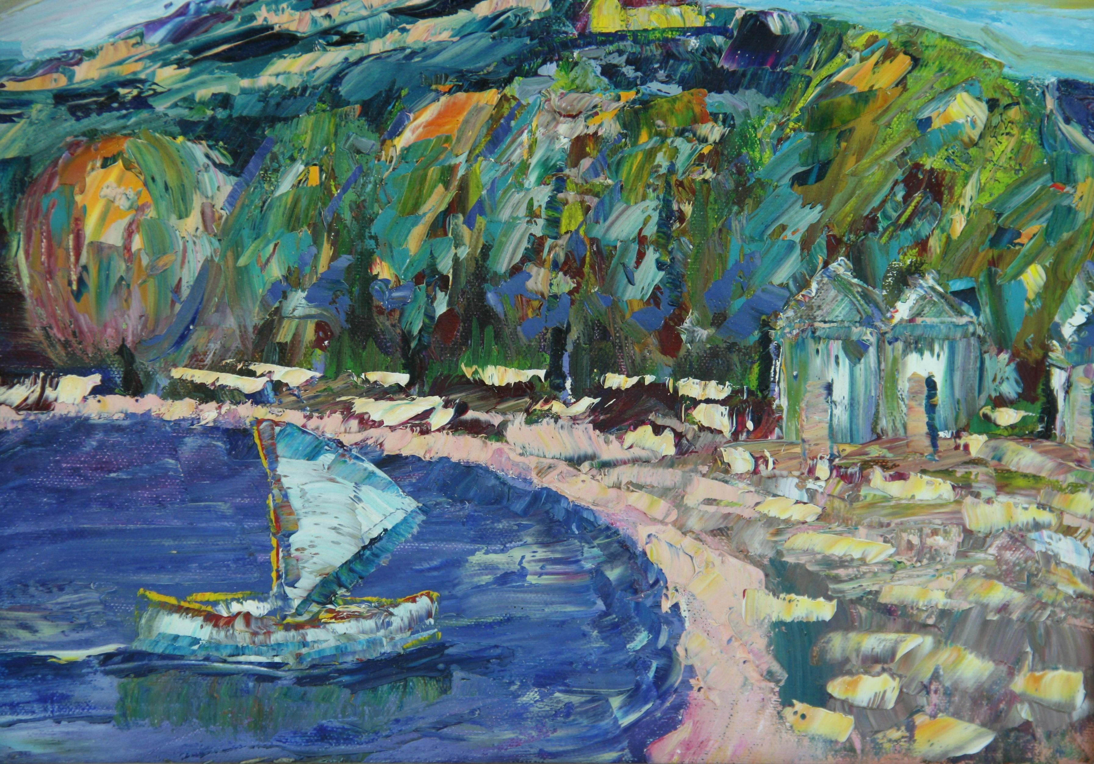 Vintage French Beach Scene Óleo Impasto 