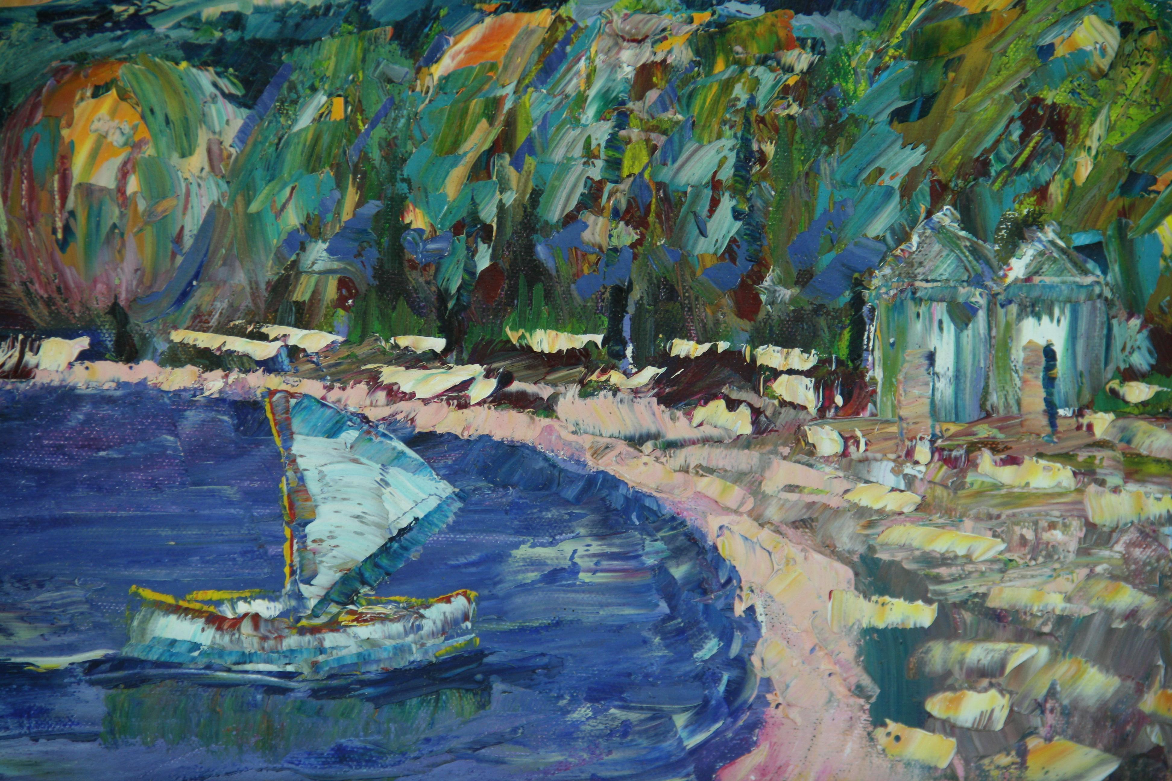 Vintage French Beach Scene Óleo Impasto 