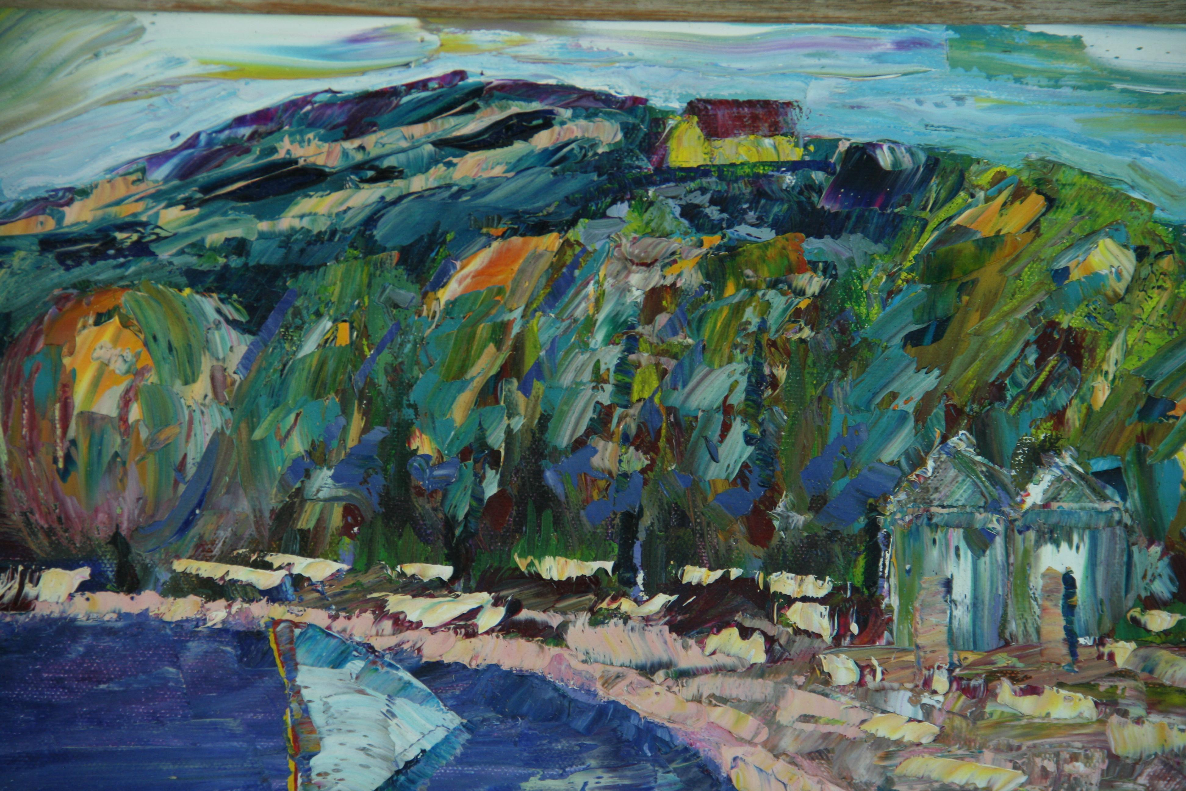 Vintage French Beach Scene Óleo Impasto 