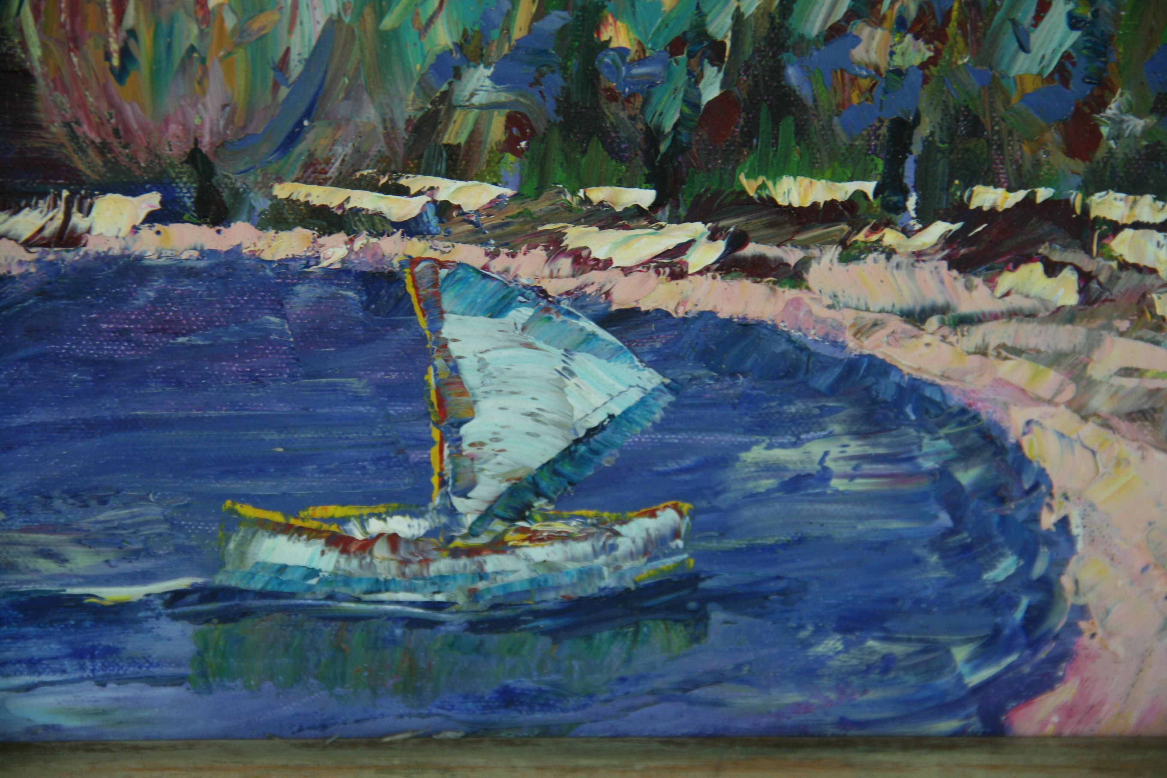 Vintage French Beach Scene Óleo Impasto 