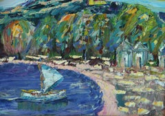 Vintage French Beach Scene Oil Impasto "Cabanas on the French Riviera