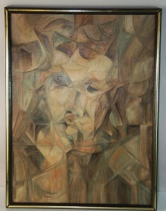 Vintage French Cubic Portrait  Framed Oil Painting 1960's