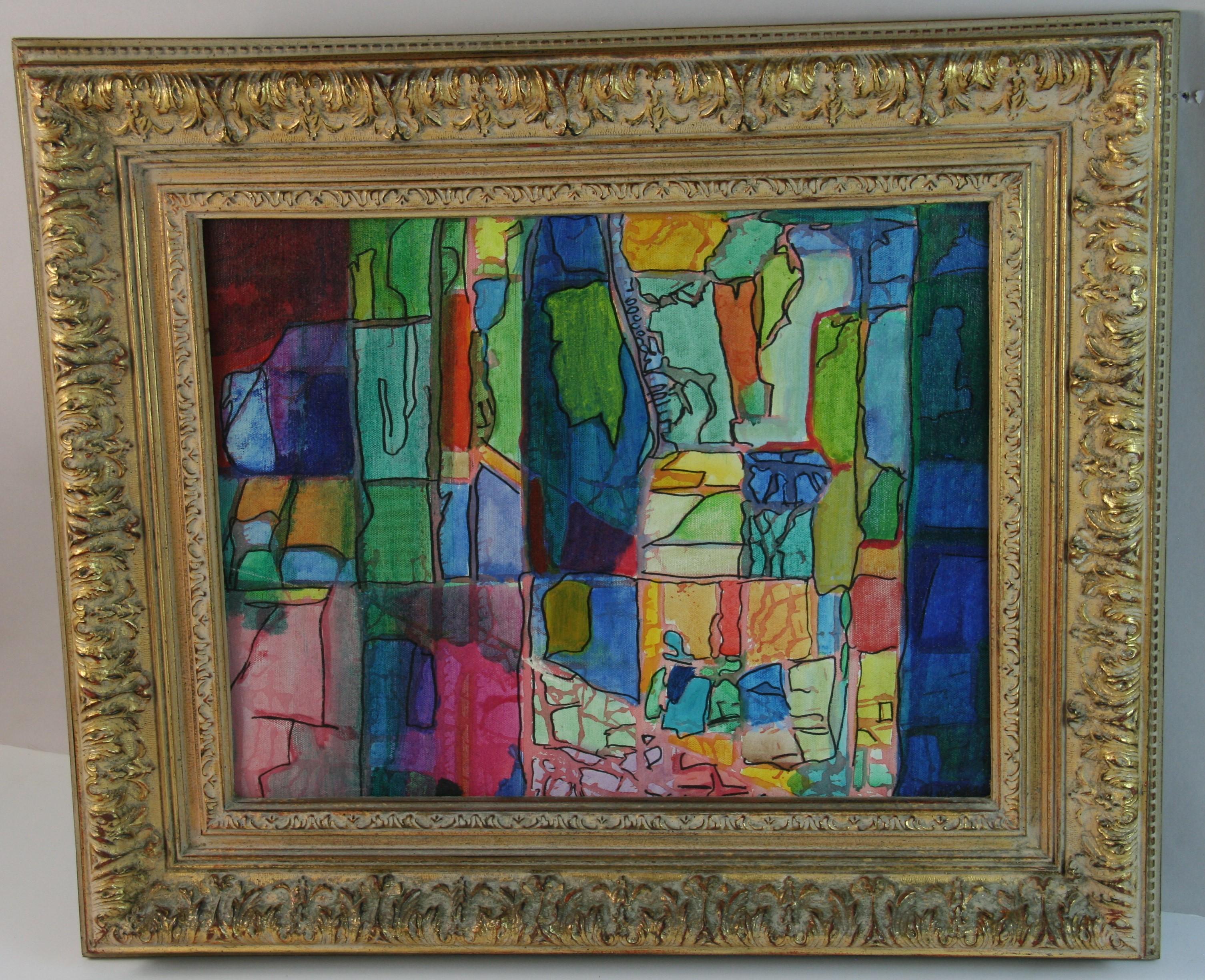 Vintage Französisch Cubic Bunte Landschaft – Painting von Unknown
