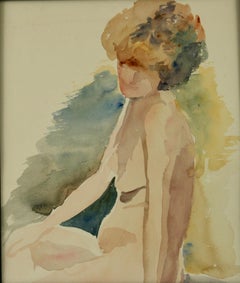 Vintage French Female Nude Painting, Acrylic on Paper, Circa 1970