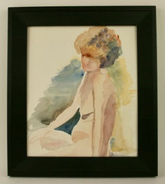 Vintage French Female Nude Painting, Acrylic on Paper, Circa 1970