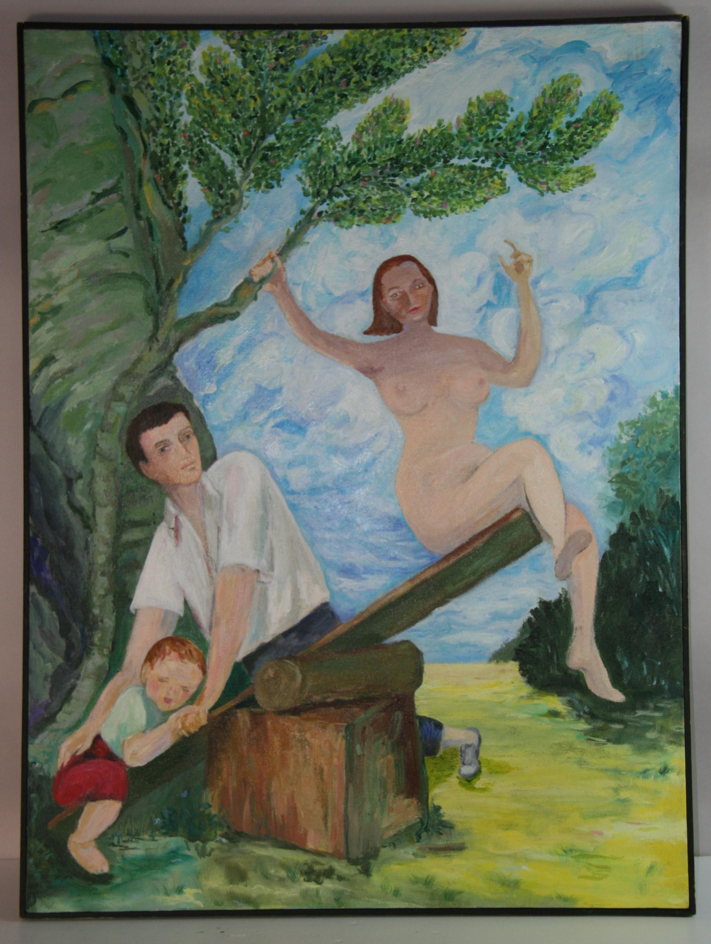 Französisches figuratives Ölgemälde im Vintage-Stil „Eine Fantasie eines Familienmannes“ – Painting von Unknown