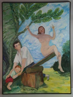 Óleo figurativo francés vintage "Fantasía de un padre de familia"