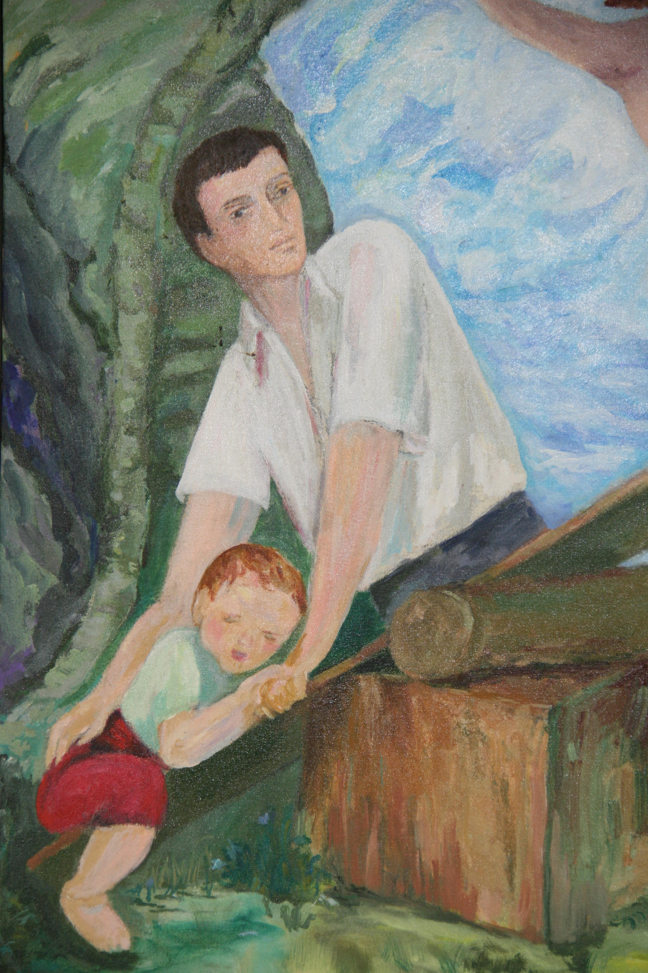 Französisches figuratives Ölgemälde im Vintage-Stil „Eine Fantasie eines Familienmannes“ (Grau), Figurative Painting, von Unknown