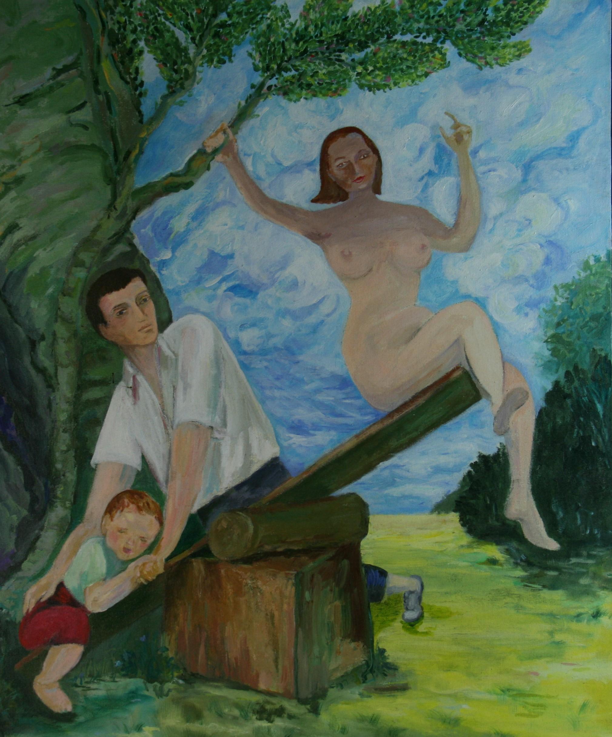 Französisches figuratives Ölgemälde im Vintage-Stil „Eine Fantasie eines Familienmannes“ im Angebot 2