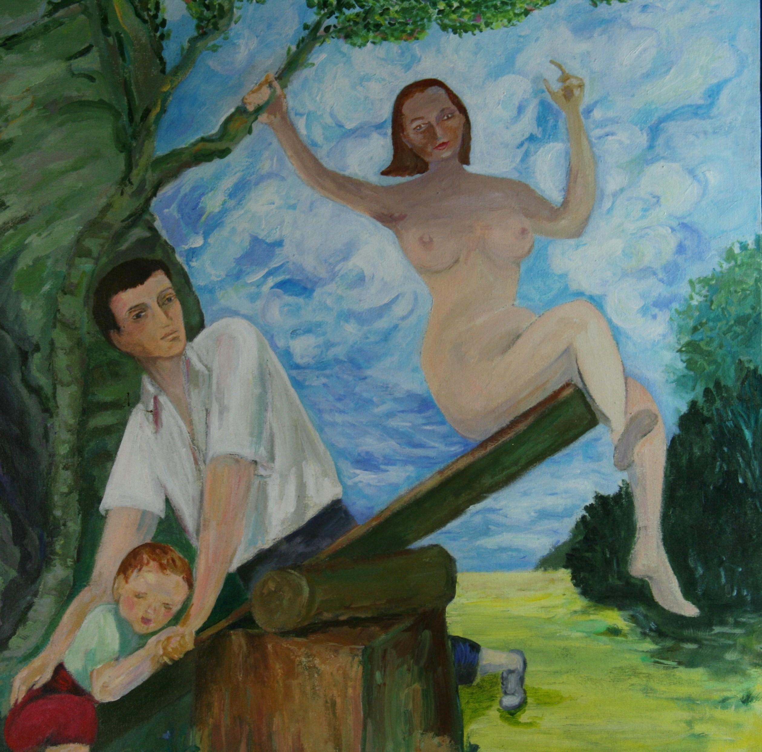 Französisches figuratives Ölgemälde im Vintage-Stil „Eine Fantasie eines Familienmannes“ im Angebot 3