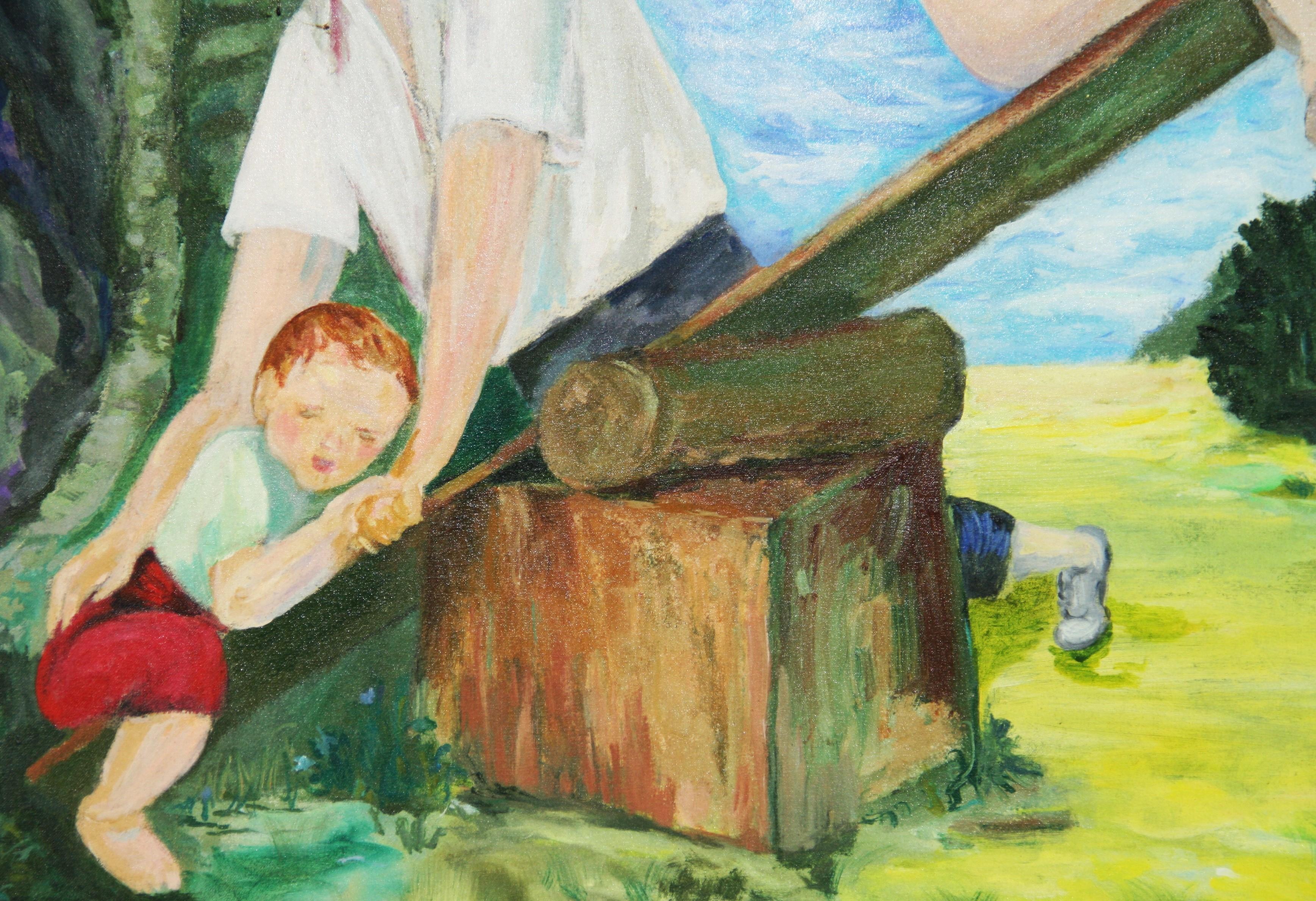 Französisches figuratives Ölgemälde im Vintage-Stil „Eine Fantasie eines Familienmannes“ im Angebot 4