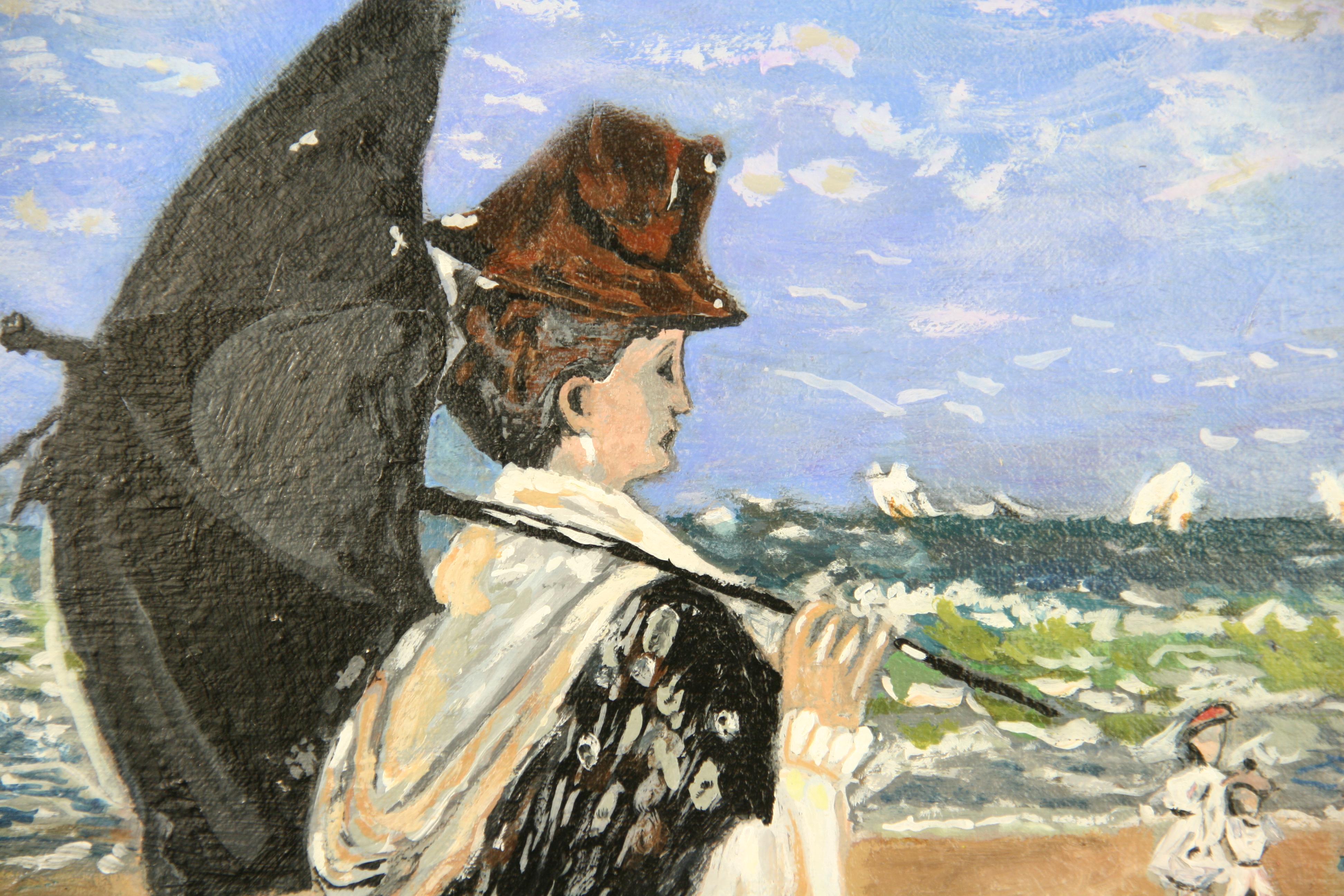 Französisch-impressionistische weibliche Vintage-  Bildliche Darstellung  Strand Seelandschaft Öl   Malerei – Painting von Unknown
