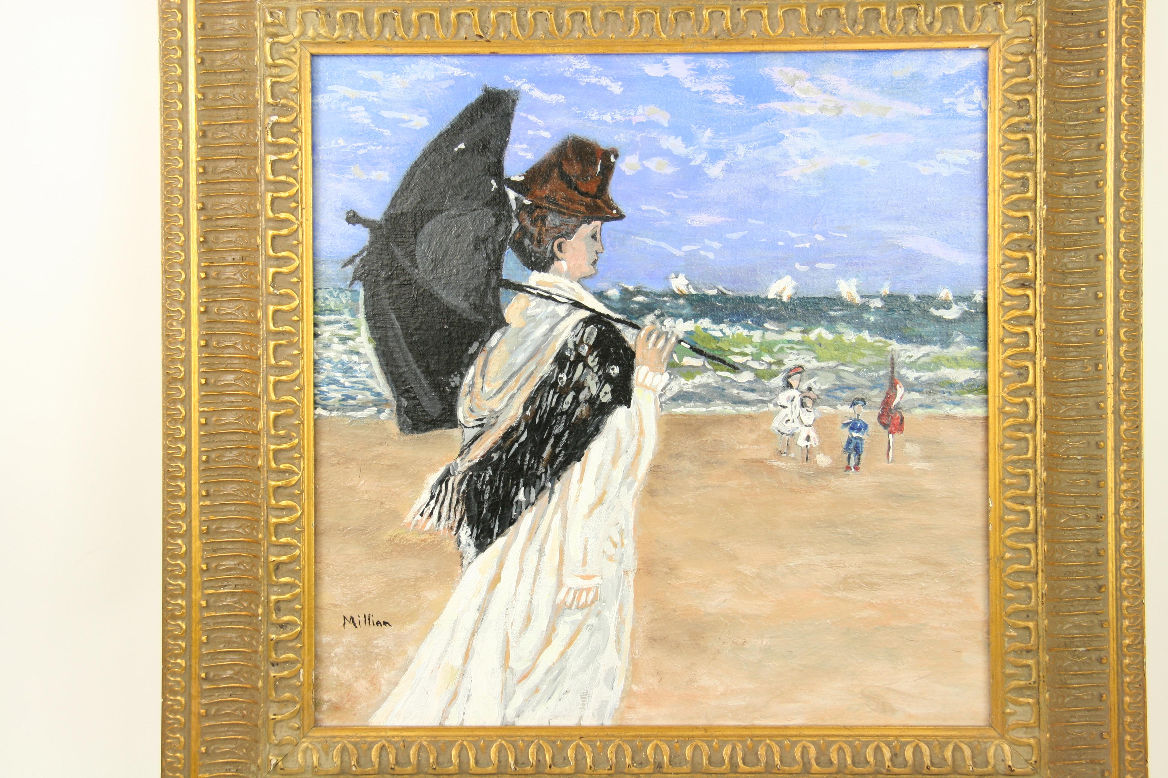 #5-3061 Paisaje marino impresionista,un estilo figurativo impresionista , óleo  sobre tabla presentada en un marco de madera dorada, firmada por Millian abajo a la izquierda.Tamaño de la imagen 13,5 Alt. x 13,25 Anch.
