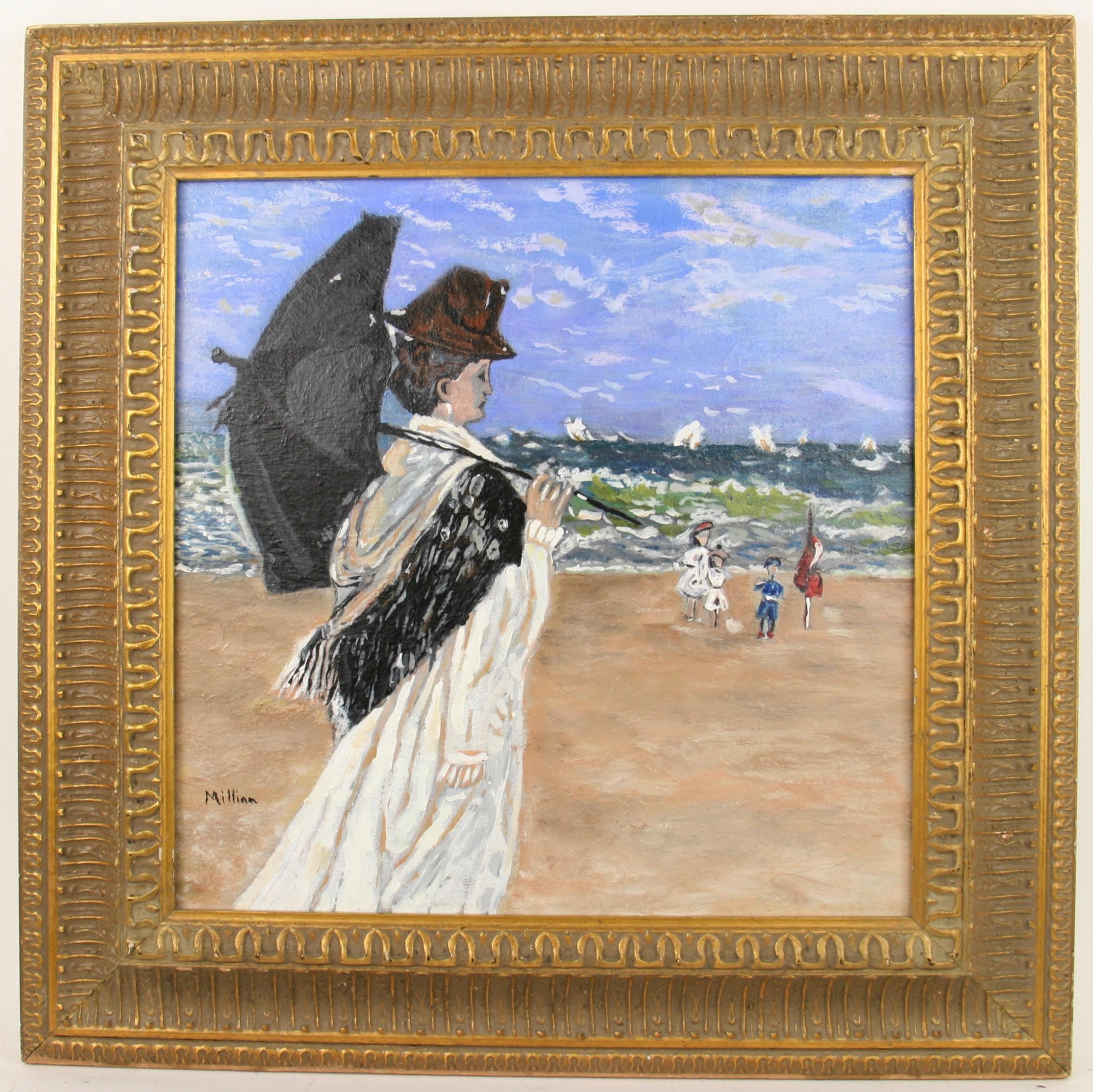 Mujer Impresionista Francesa Vintage  Figurativo  Playa Paisaje marino Óleo   Pintura en venta 1