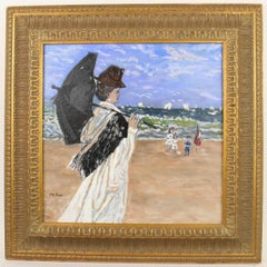 Mujer Impresionista Francesa Vintage  Figurativo  Playa Paisaje marino Óleo   Pintura