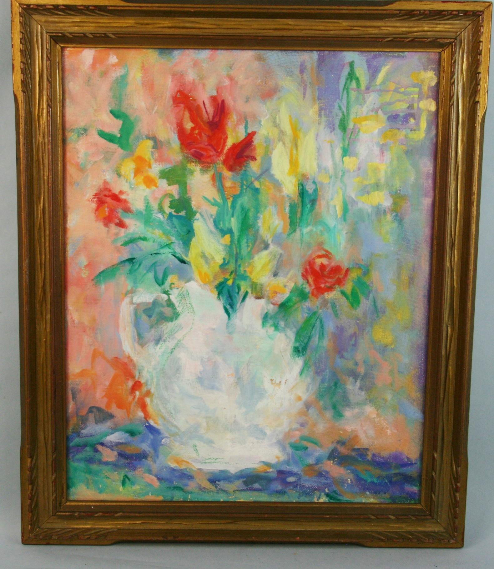 Vintage Französisch Impressionist Floral  Stilleben Vase mit Blumen (Braun), Still-Life Painting, von Unknown