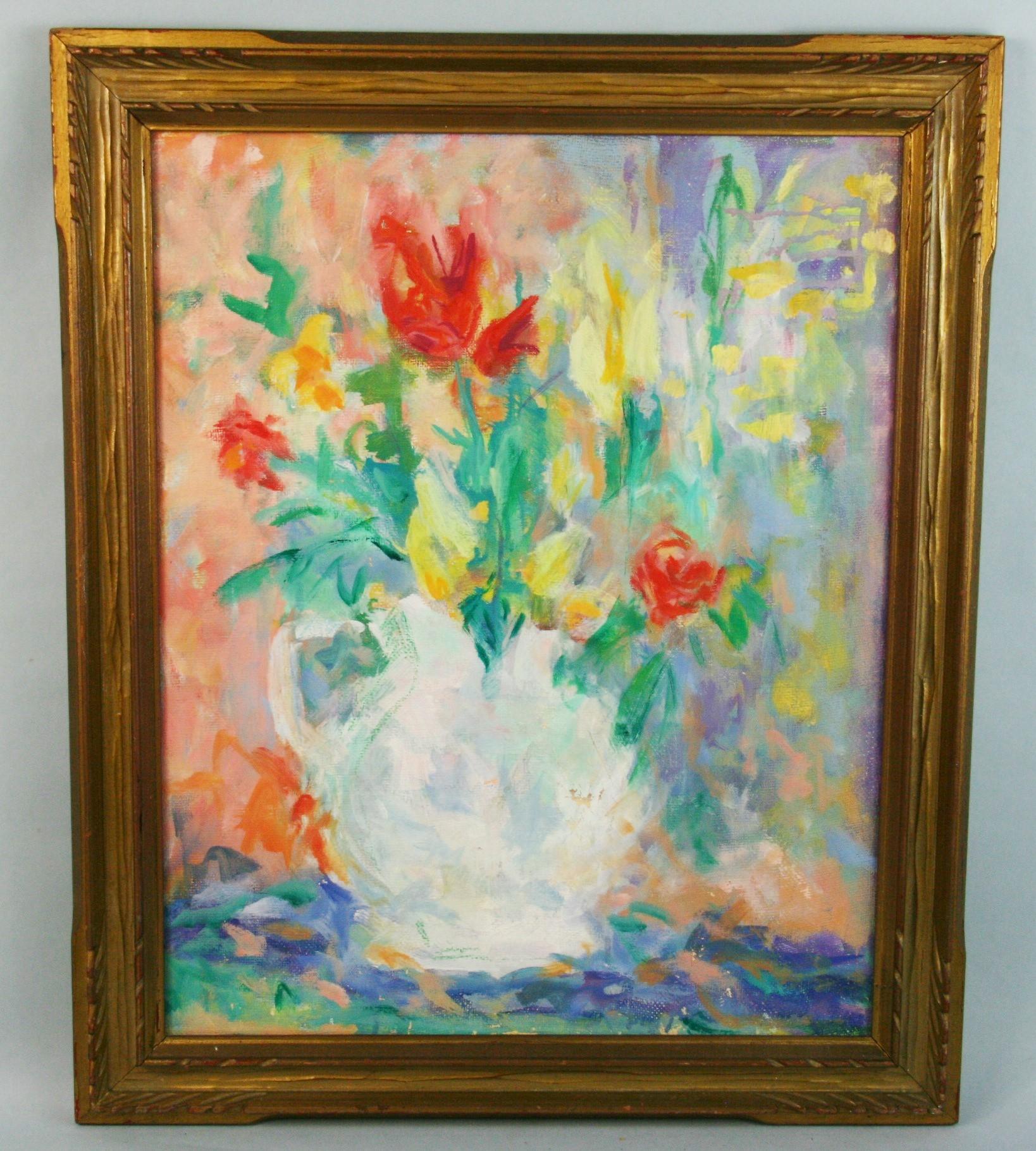Unknown Still-Life Painting – Vintage Französisch Impressionist Floral  Stilleben Vase mit Blumen