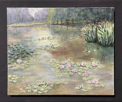 VINTAGE FRENCH IMPRESSIONIST LARGE OIL ON CANVAS - WATERLILY POND LES NYMPHEAS