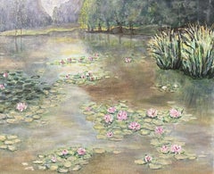 VINTAGE FRENCH IMPRESSIONIST LARGE OIL ON CANVAS - WATERLILY POND LES NYMPHEAS