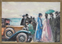 Vintage French Impressionist Monogrammed High Society Beach Scene Classic Cars