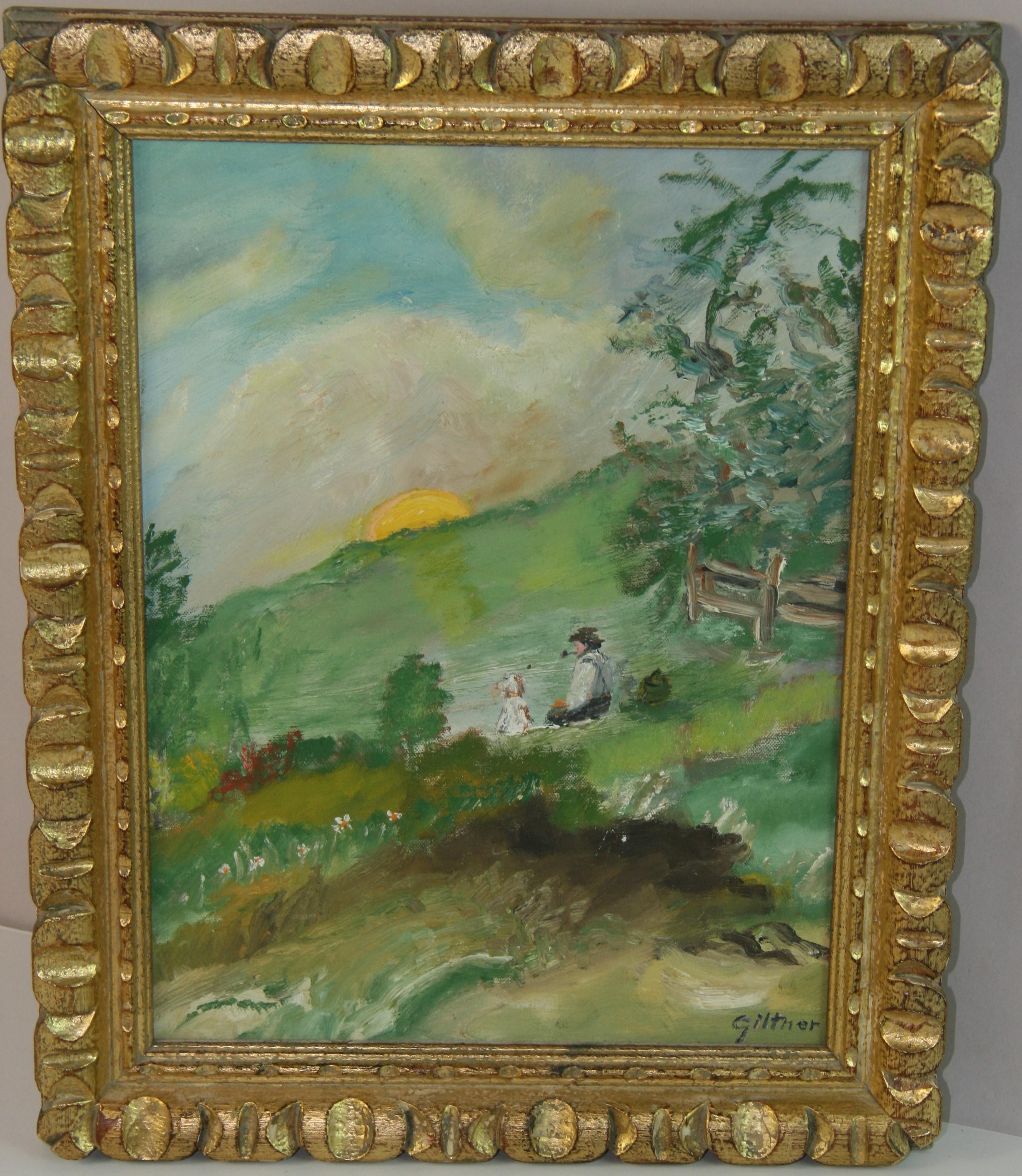 Vintage French Impressionist Oil Painting Father and Daughter Watching  Sunset - Gray Figurative Painting by Unknown