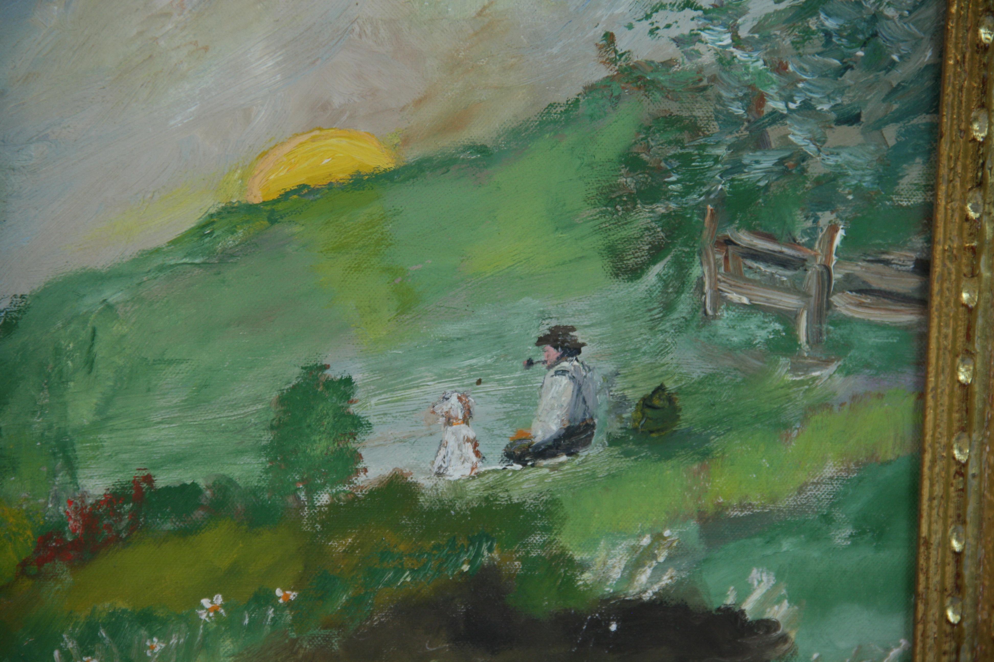 Vintage French Impressionist Oil Painting Father and Daughter Watching  Sunset For Sale 1