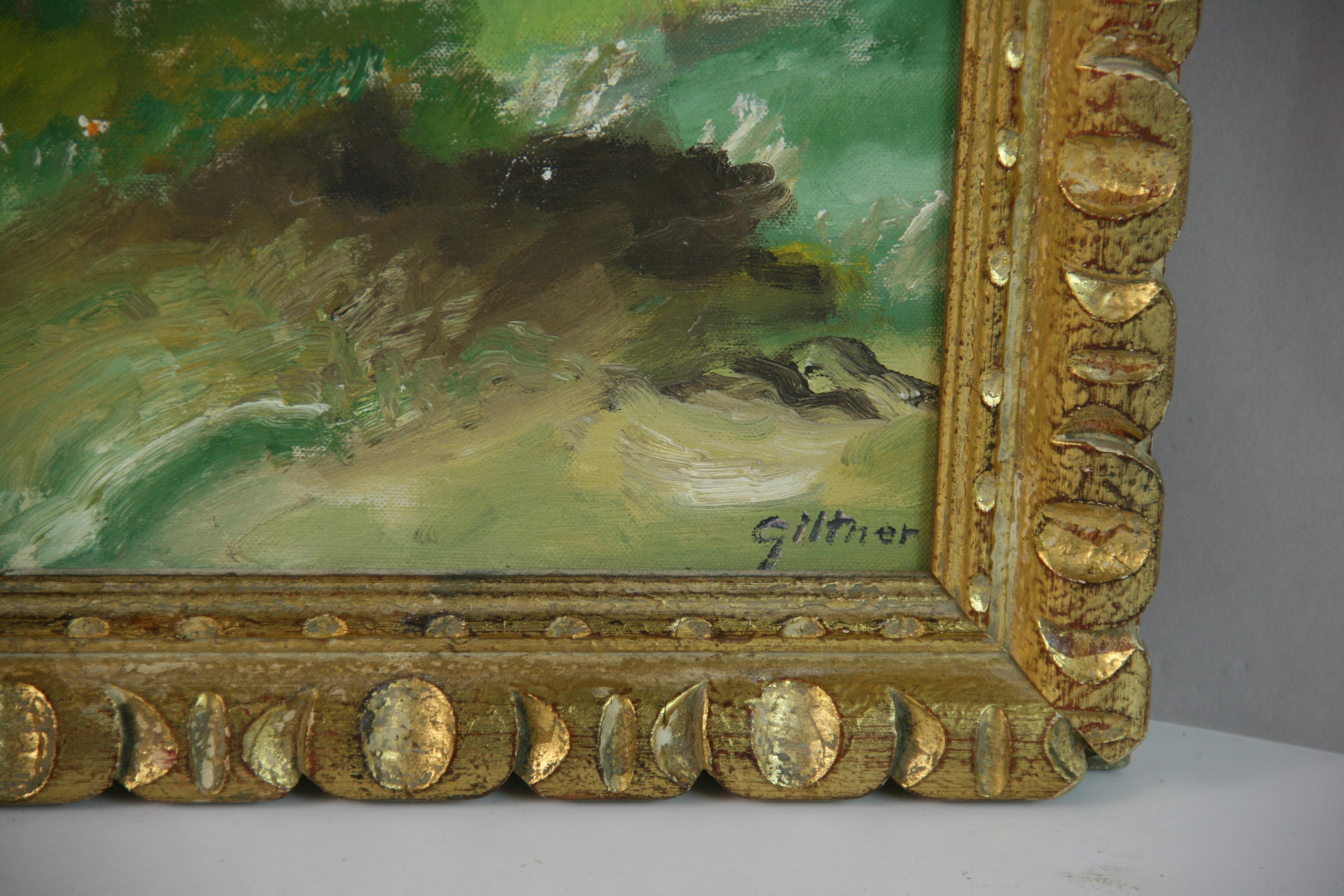Vintage French Impressionist Oil Painting Father and Daughter Watching  Sunset For Sale 2