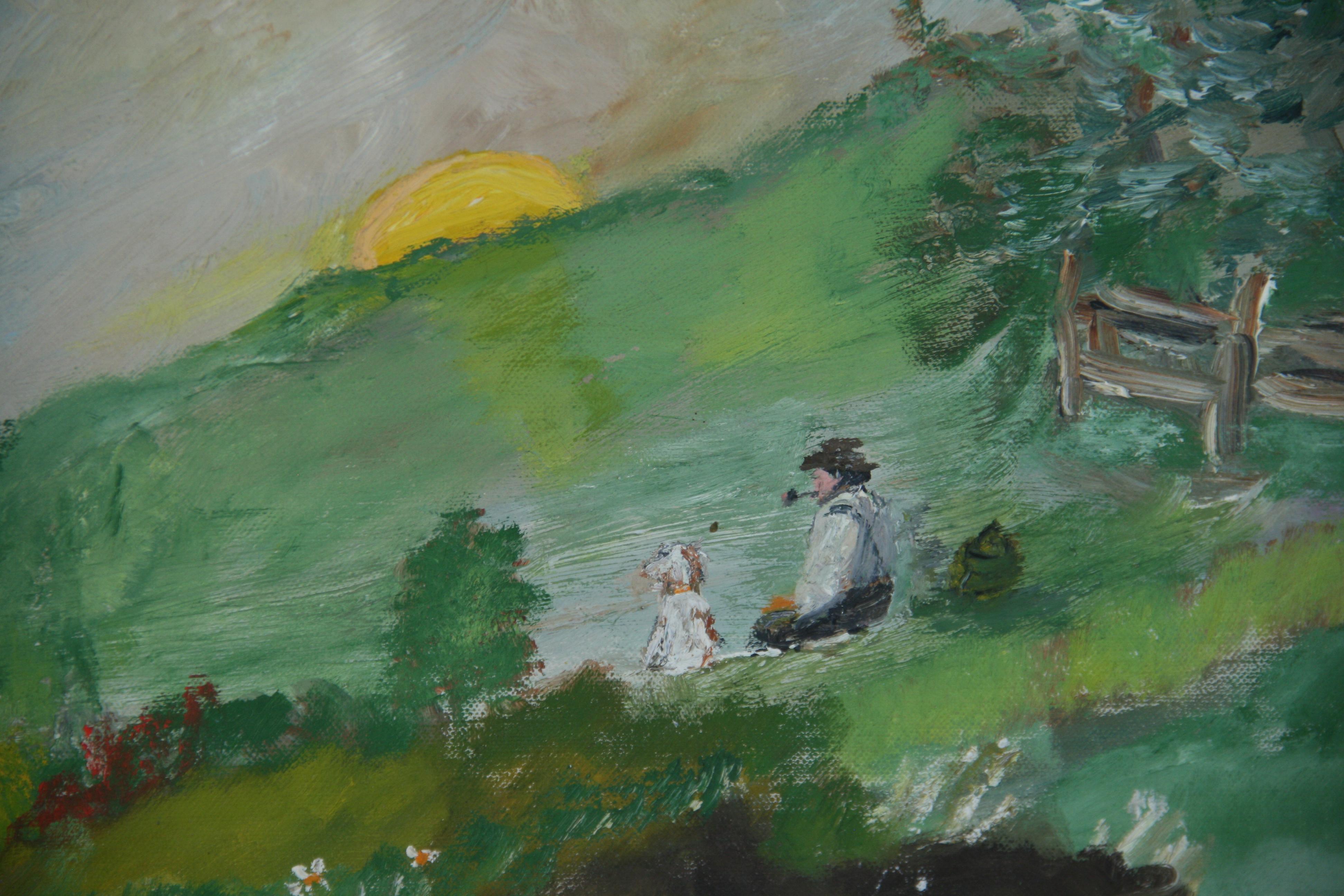 Vintage French Impressionist Oil Painting Father and Daughter Watching  Sunset For Sale 3