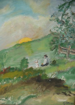 Vintage French Impressionist Oil Painting Father and Daughter Watching  Sunset