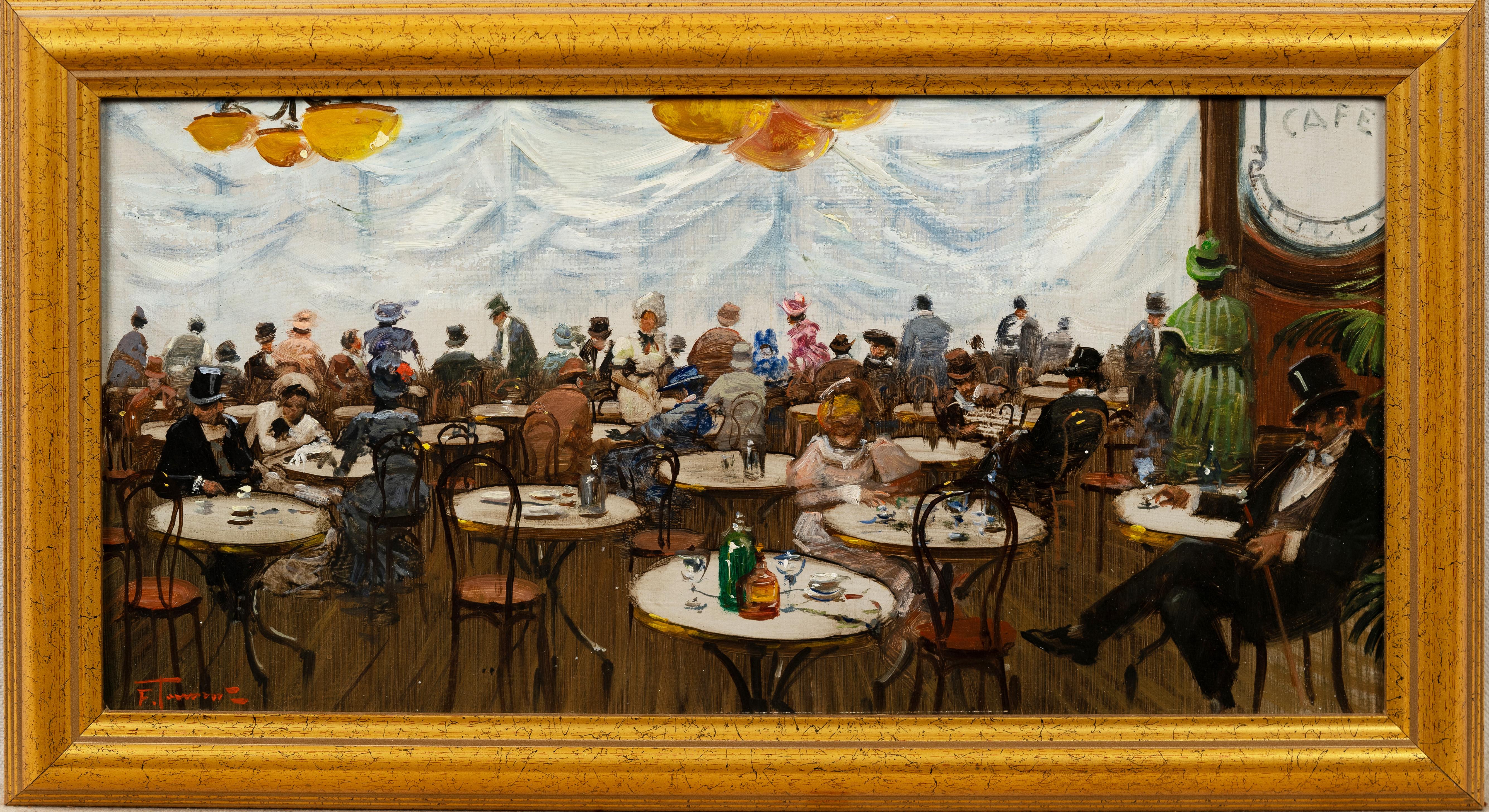 Französisches impressionistisches Pariser Cafe im Vintage-Stil, signierte Innenraums Gemälde, gerahmt, Vintage – Painting von Unknown