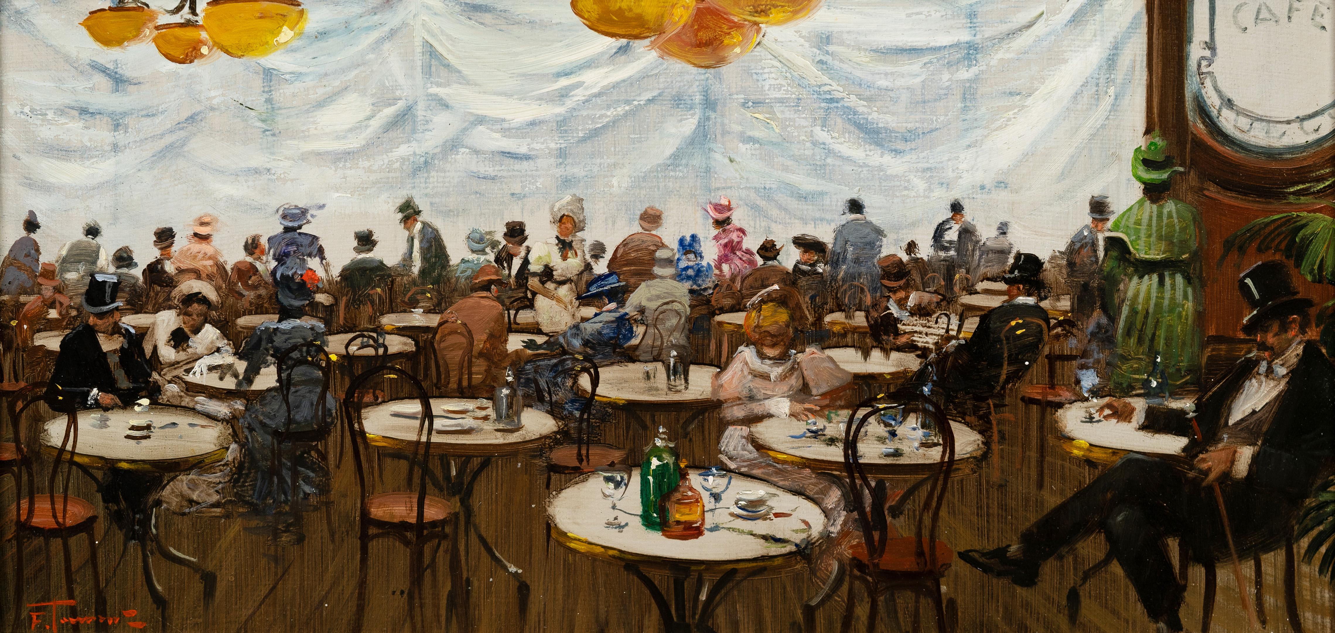 Französisches impressionistisches Pariser Cafe im Vintage-Stil, signierte Innenraums Gemälde, gerahmt, Vintage (Braun), Still-Life Painting, von Unknown