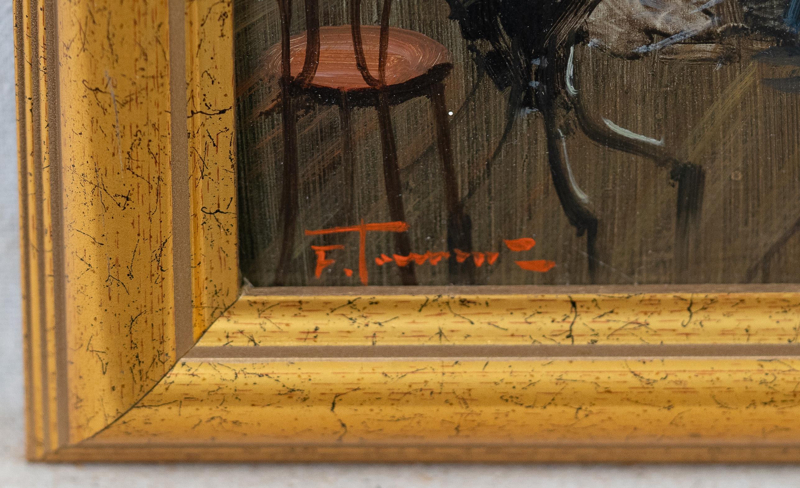 Französisches impressionistisches Pariser Cafe im Vintage-Stil, signierte Innenraums Gemälde, gerahmt, Vintage 1