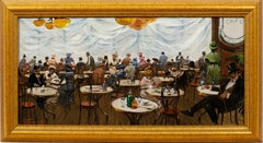 Peinture d'intérieur encadrée d'une scène de café impressionniste française vintage de Paris signée