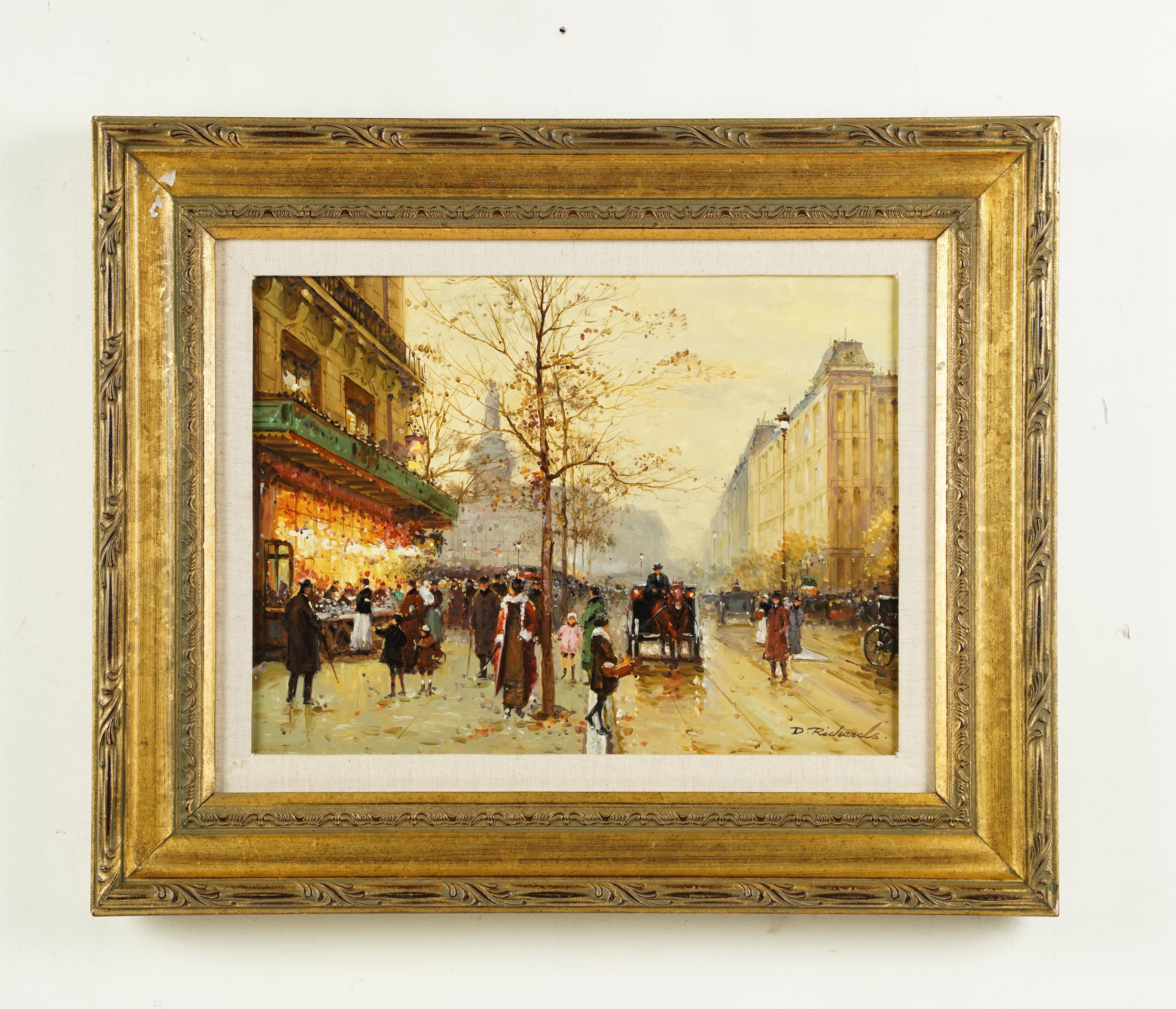 French impressionsit street scene oil painting.  Oil on canvas. Framed.  Signed.  Image size, 16L x 12H.