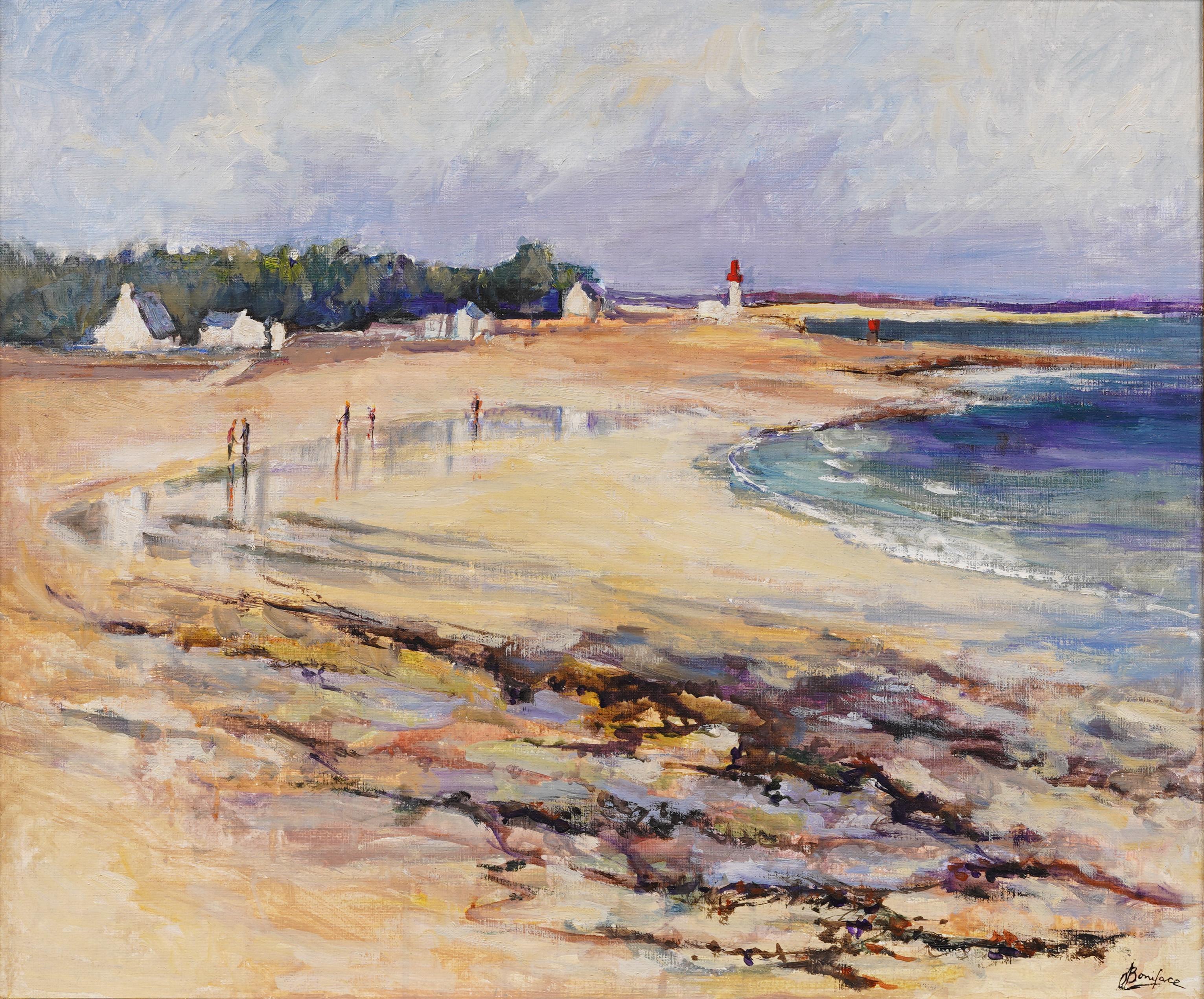 Peinture impressionniste française vintage encadrée d'une scène de plage encadrée - Impressionnisme Painting par Unknown