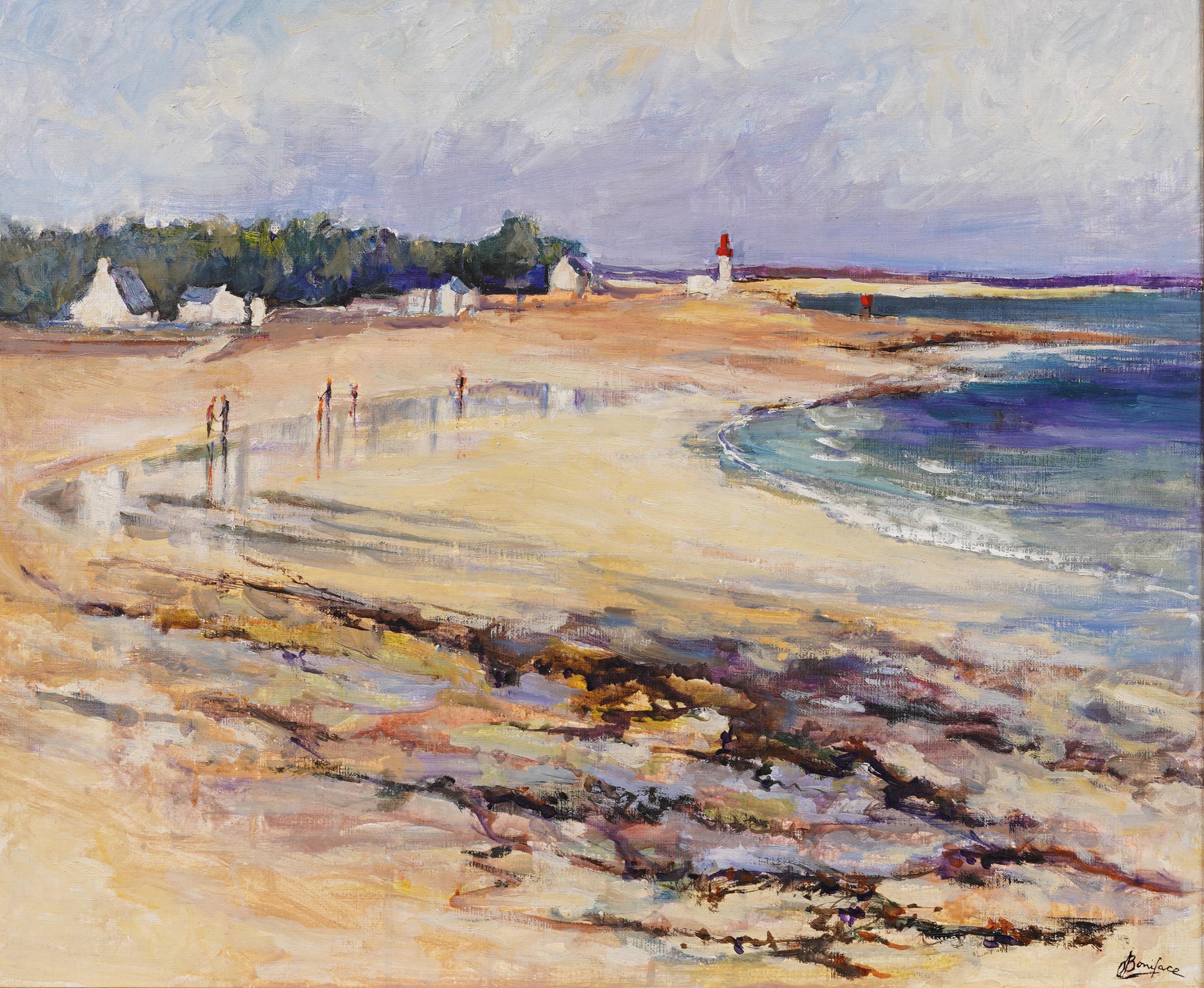 Peinture impressionniste française vintage encadrée d'une scène de plage encadrée - Marron Landscape Painting par Unknown