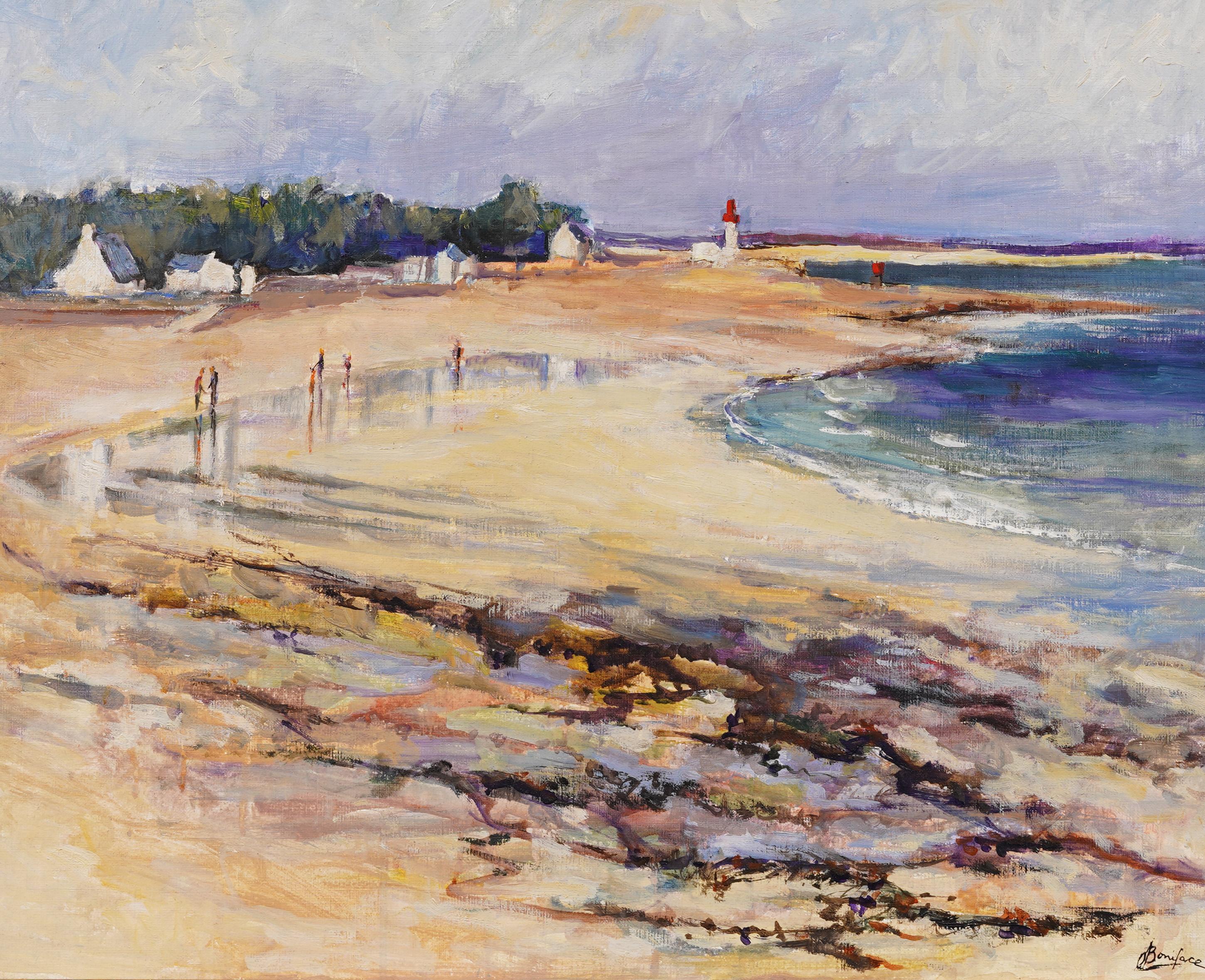 Très belle peinture à l'huile impressionniste européenne représentant une scène de plage.  Encadré.  Huile sur toile.  Signé.  Taille de l'image : 21H par 26L.